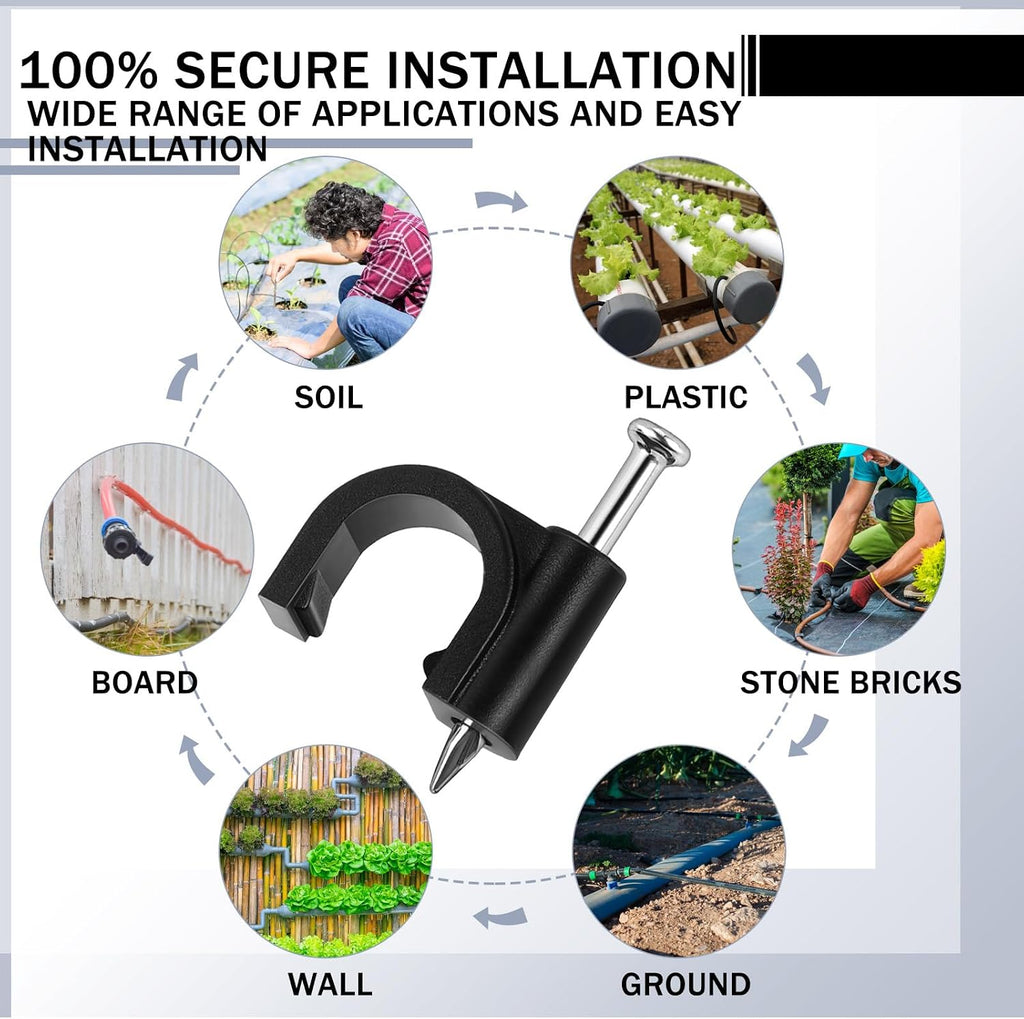 100 Pcs Drip Irrigation Tubing Mounting Clips, 1/2" and 5/8", Black | Secure Drip Line to Wood, Metal Nail Install