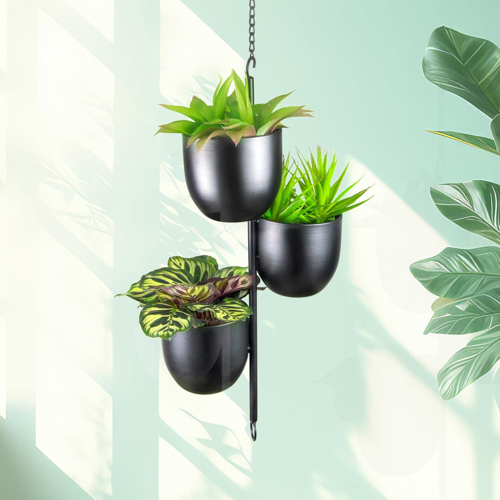3-Tier Metal Hanging Planter with 6 Inch Oval Pots - Black Modern Triple Tiered Plant Hanger - Vertical Stackable Wall