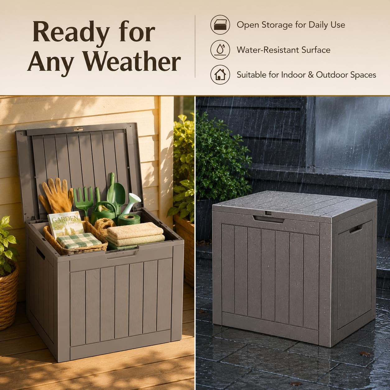 Resin Deck Box Waterproof Outdoor indoor Storage Box 36 Gallon | Patio Furniture Side Table for Pool and Garden