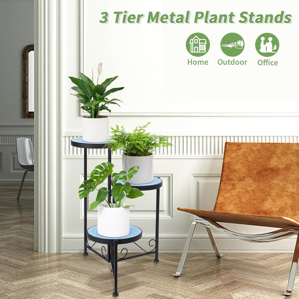 3 Tier Mosaic Ceramic Top Plant Stand, Foldable Flower Pot Holder | Wrought Iron No Assembly Required Space Saving