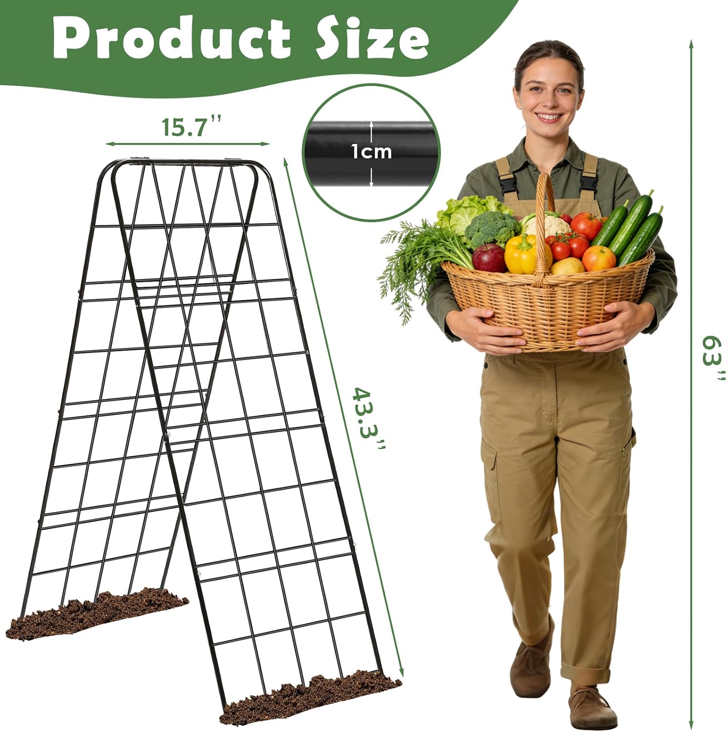 Cucumber Trellis 43.3’’x15.7’’ with Twist Tie and Clips, A-Frame Garden Trellis for Climbing Plants Heavy Duty Metal