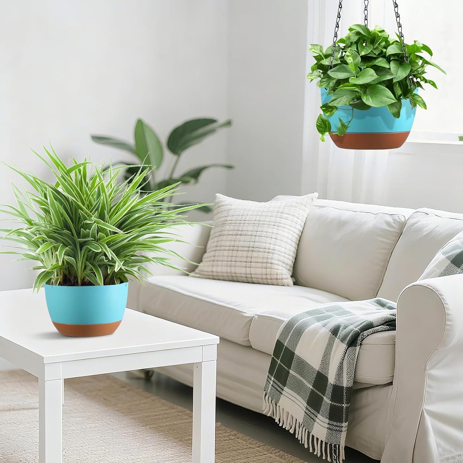 Set of 2-8 Inch Hanging Planters for Indoor Outdoor Plants | Self-Watering Hanging Flower Pots with Drainage Hole &