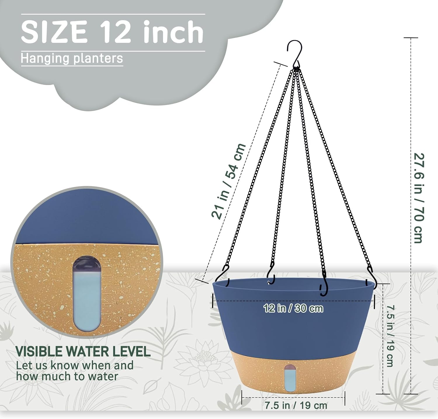 ZMTECH 12 Inch Hanging Planters for Indoor Plants, Large Blue Self Watering Hanging Planter with Visible Water Level &