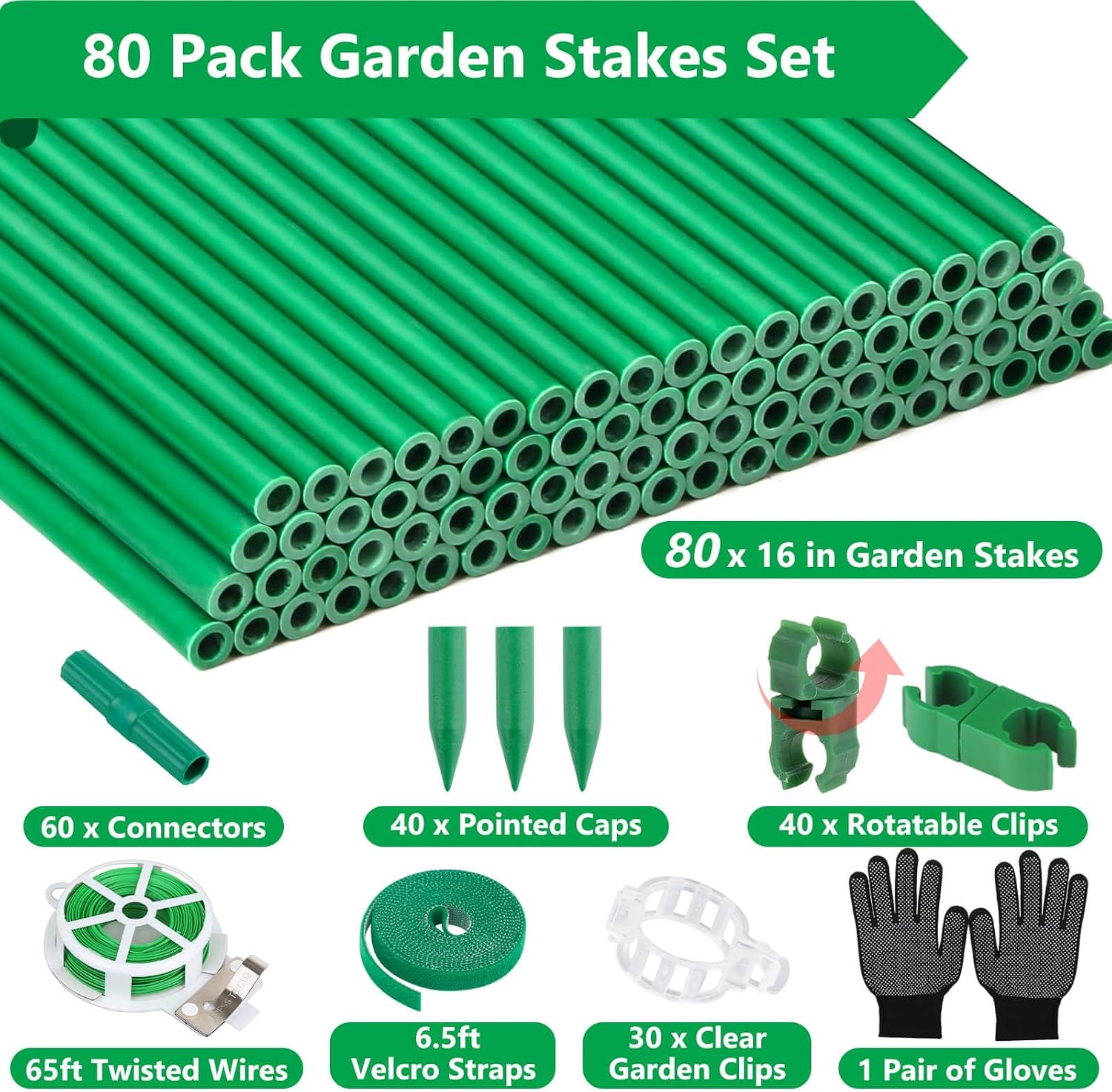 Lezmarket 80 Pack Garden Stakes(16" Each), Plant Support Stakes, DIY 4ft 5ft 6ft 7ft Sturdy Fiberglass Plant Sticks