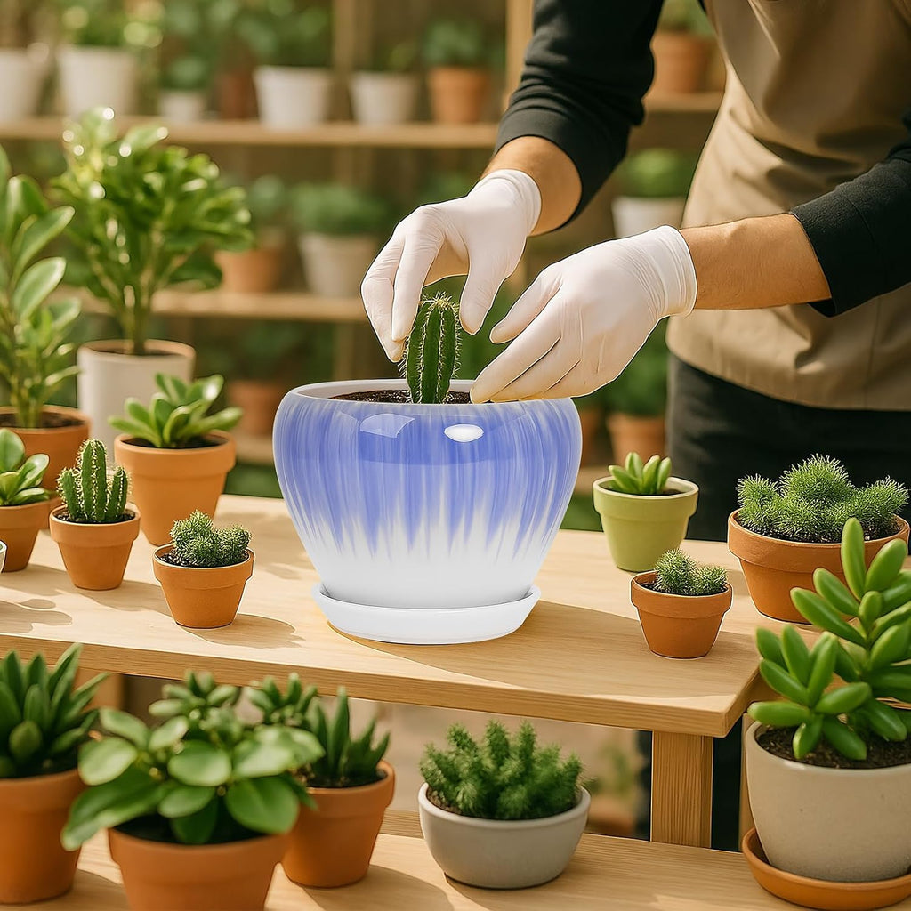 Deep Dream 6 Inch Plant Pots- Ceramic Planter Pot with Drainage Hole and Saucer, Round Flower Pot for Indoor Outdoor