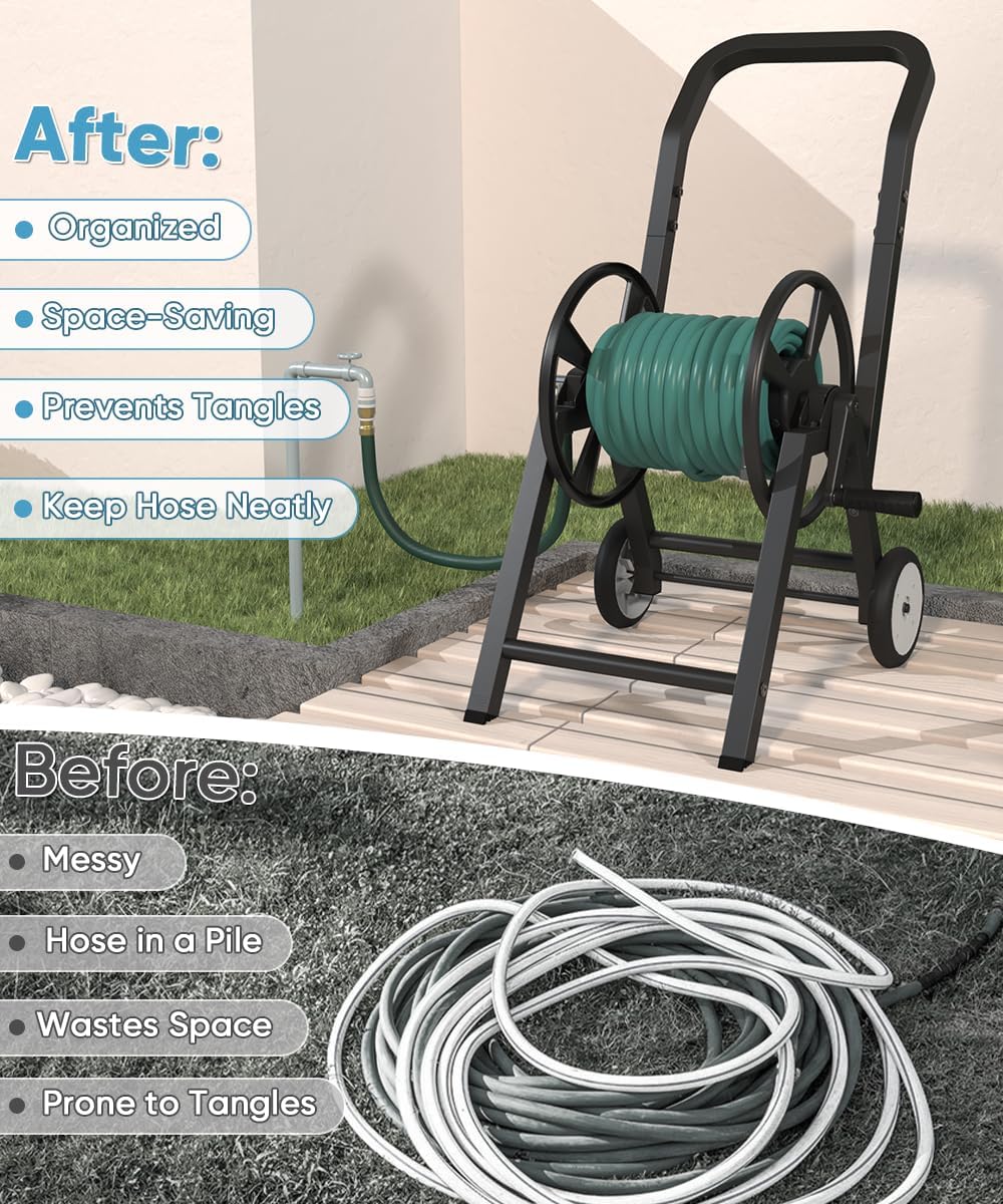 Garden Hose Reel Cart with Wheels, Holds 165 ft of 5/8’’ Hose Outdoor Heavy Duty Powder-coated Steel Water Storage