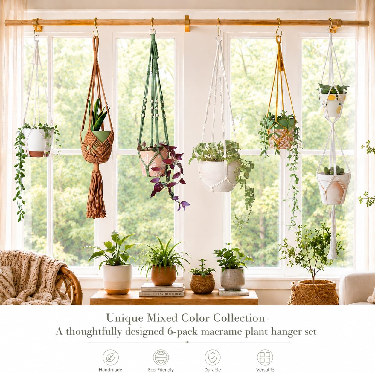 Bouqlife 6 Pack Macrame Plant Hangers Set with Hooks Indoor Hanging Planters with Patterns Handmade Cotton Rope Crochet