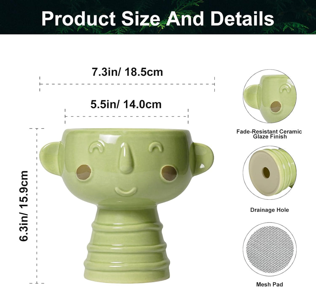 Face Planter Pots Head - 7 Inch Ceramic Succulent Plant Pots with Drainage Hole, Cute Head Planters for Indoor Outdoor