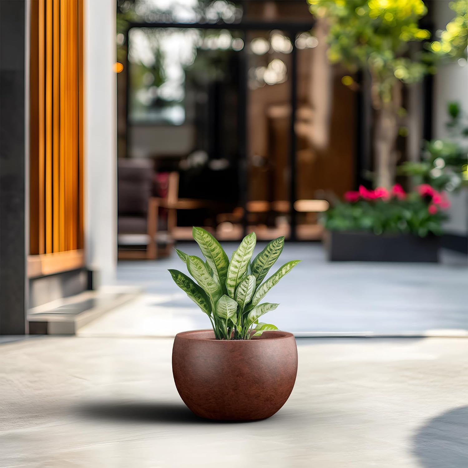 Kante Large Round Bowl Rusty Concrete Planter 19.9" Dia, Outdoor | Rubber Plug for Indoor, Drainage for Garden