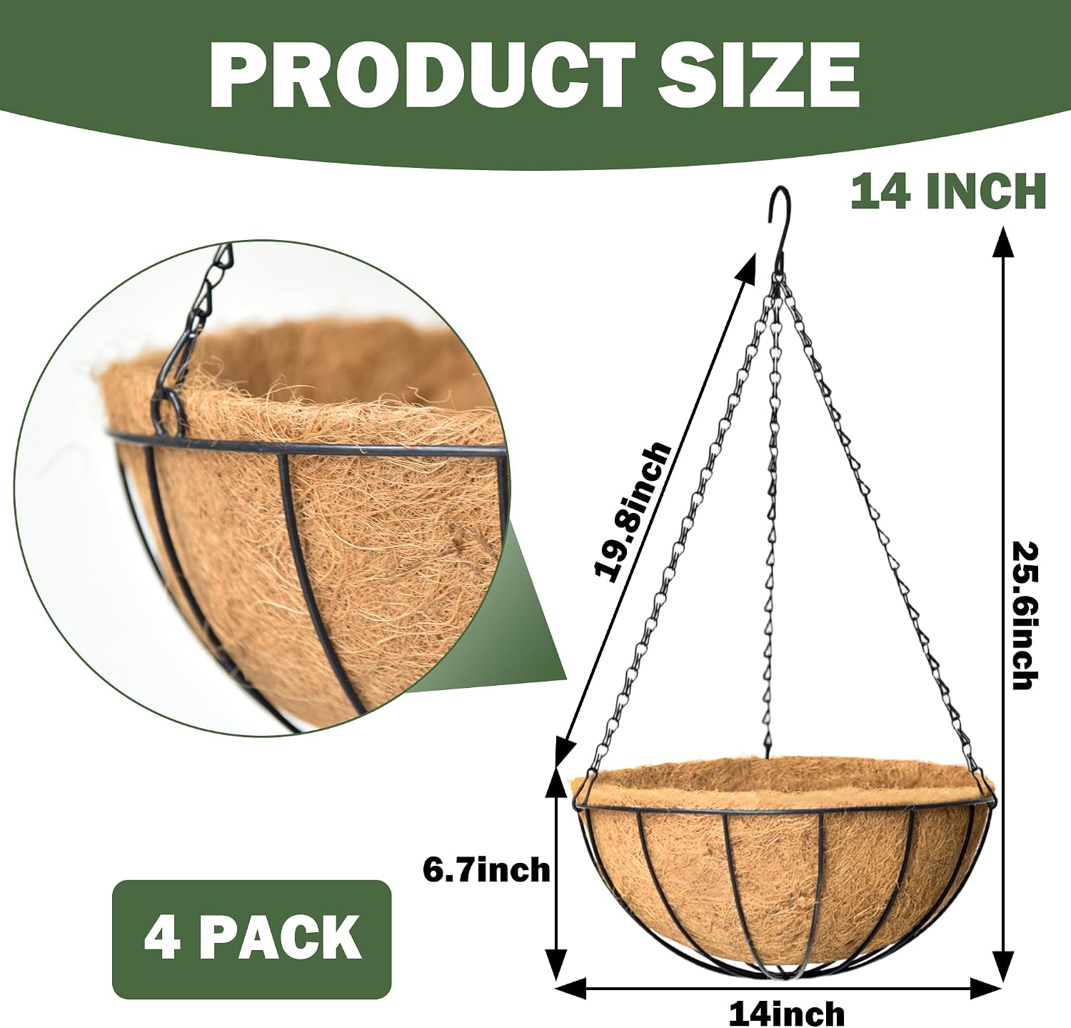 4 Pack 14 Inch Hanging Baskets for Plants Outdoor Metal Hanging Planter Basket with Coco Coir Liner Hanging Flower