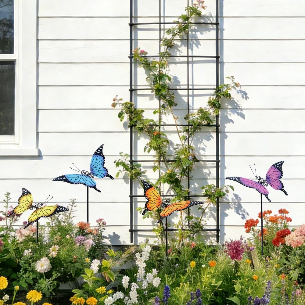 hogardeck Garden Decor for Outside, Set of 4 Metal Butterfly Decorative Garden Stakes for Spring Decor, Yard Art Garden