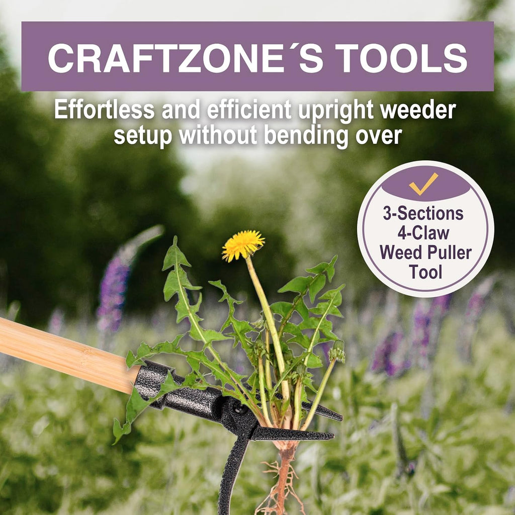 Weed Puller Stand Up Weed Puller Tool with Wooden Long Handle Foot Platform Design 4-Claw Steel Head & Removable