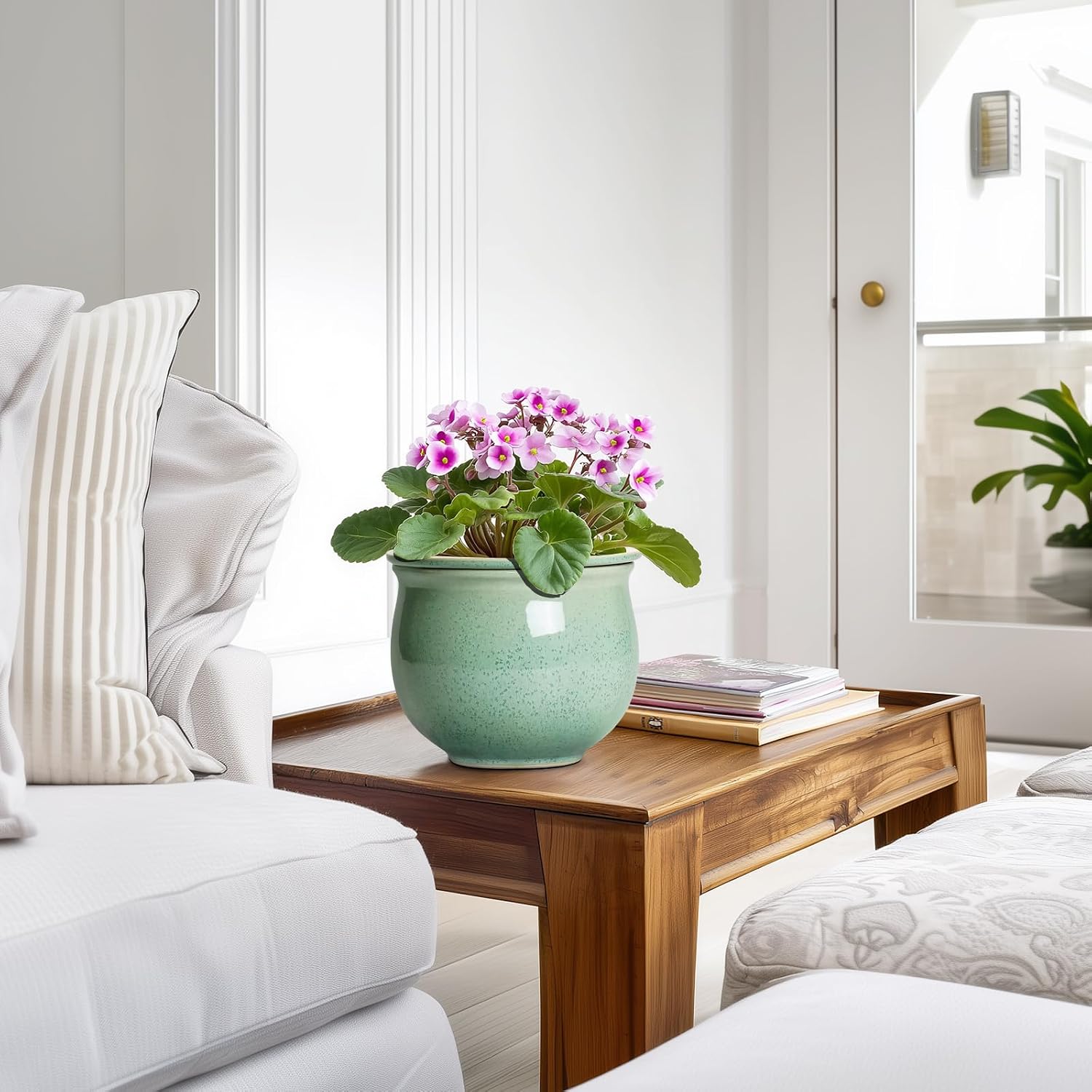 Ceramic Self Watering Pots, 6 Inch African Violet Pots with Absorbent Inner Pot, Round Self Watering Planter for Indoor