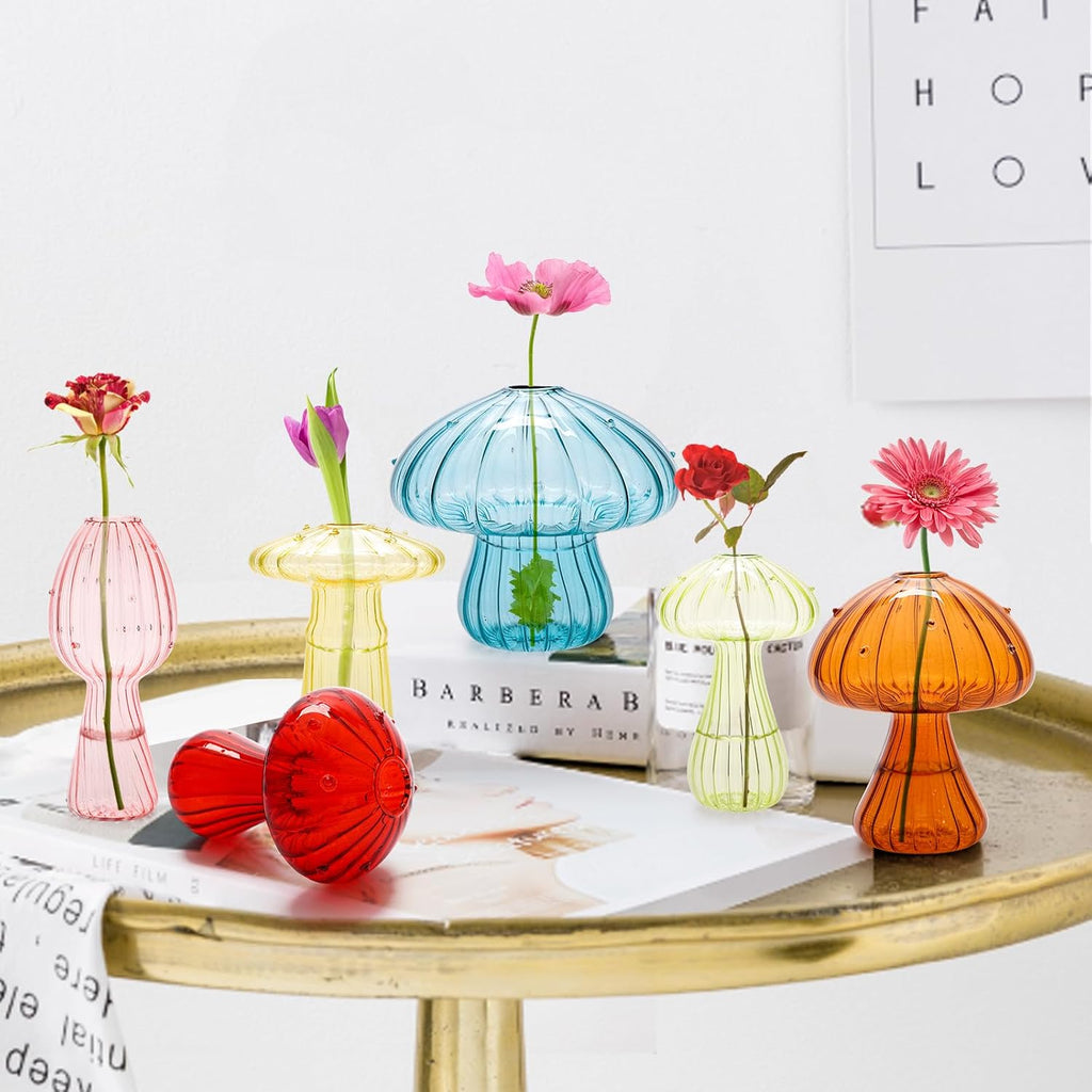6Pcs Mushroom Vase, Colored Glass Vase,Mushroom Propagation Vases for Plants, Cute Hydroponic Flower Vase, Small Bud