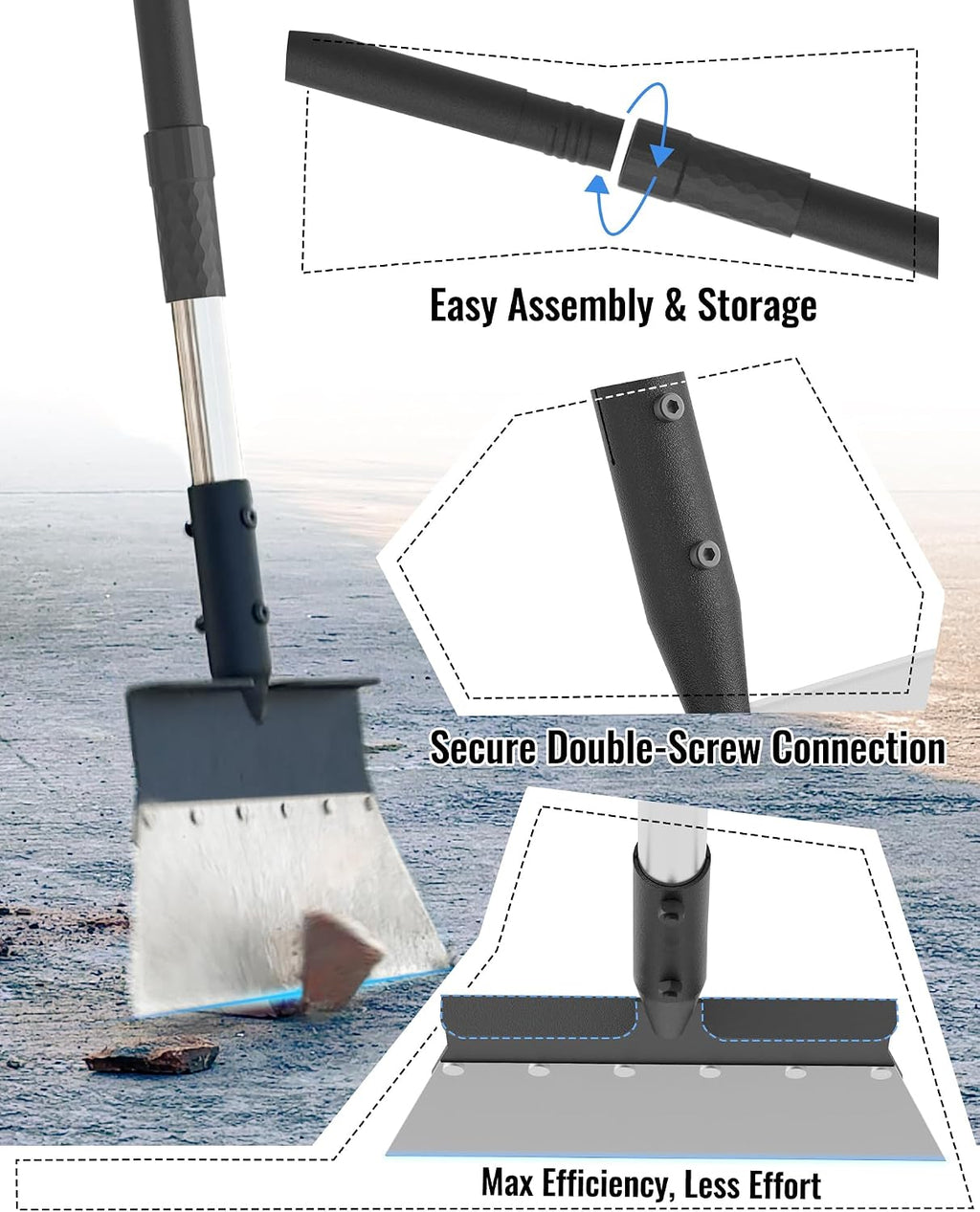 Garden Flat Shovel, Heavy Duty Multifunctional Cleaning Shovel with 60" Adjustable Long Handle, Metal Floor Scraper