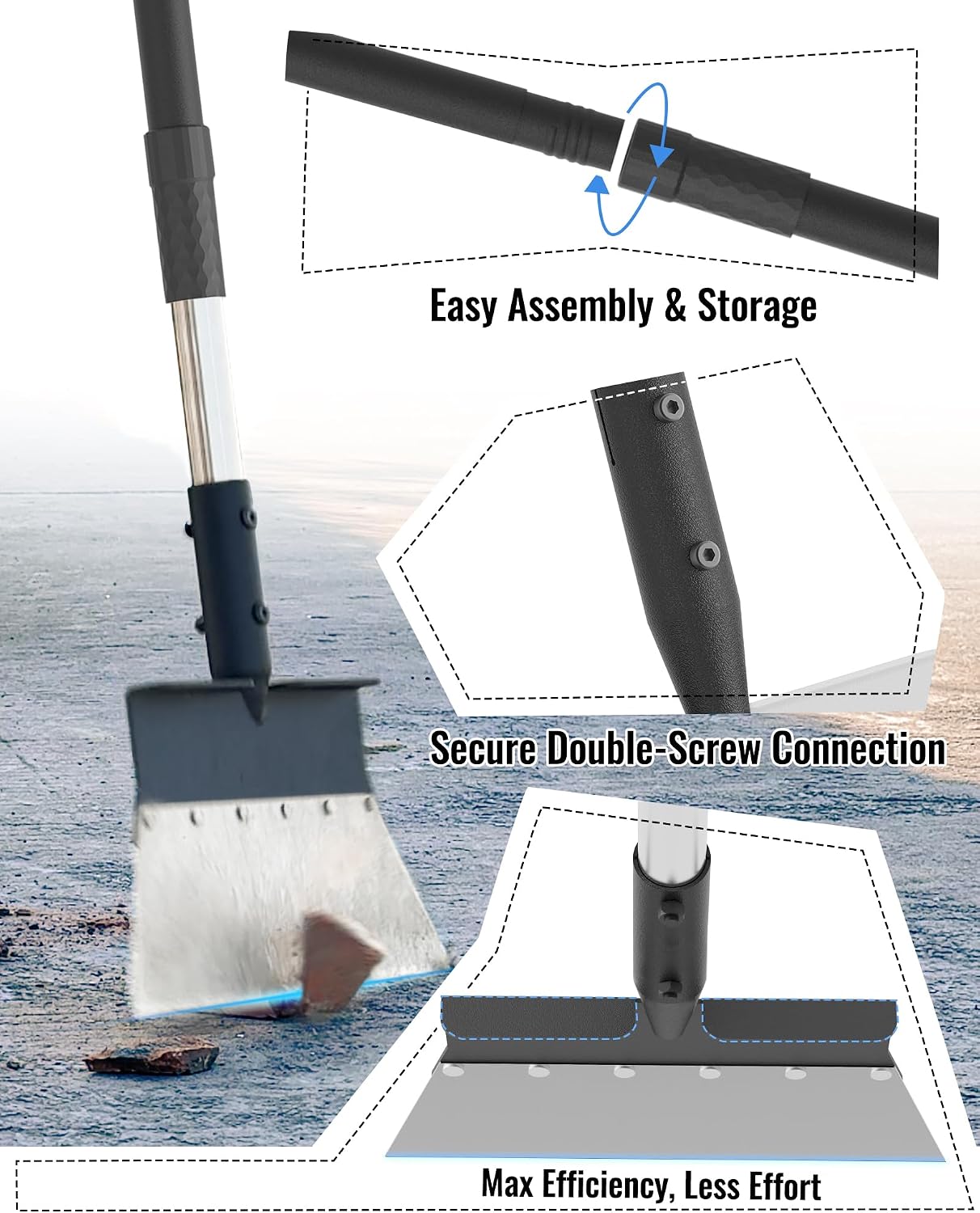 Garden Flat Shovel, Heavy Duty Multifunctional Cleaning Shovel with 60" Adjustable Long Handle, Metal Floor Scraper