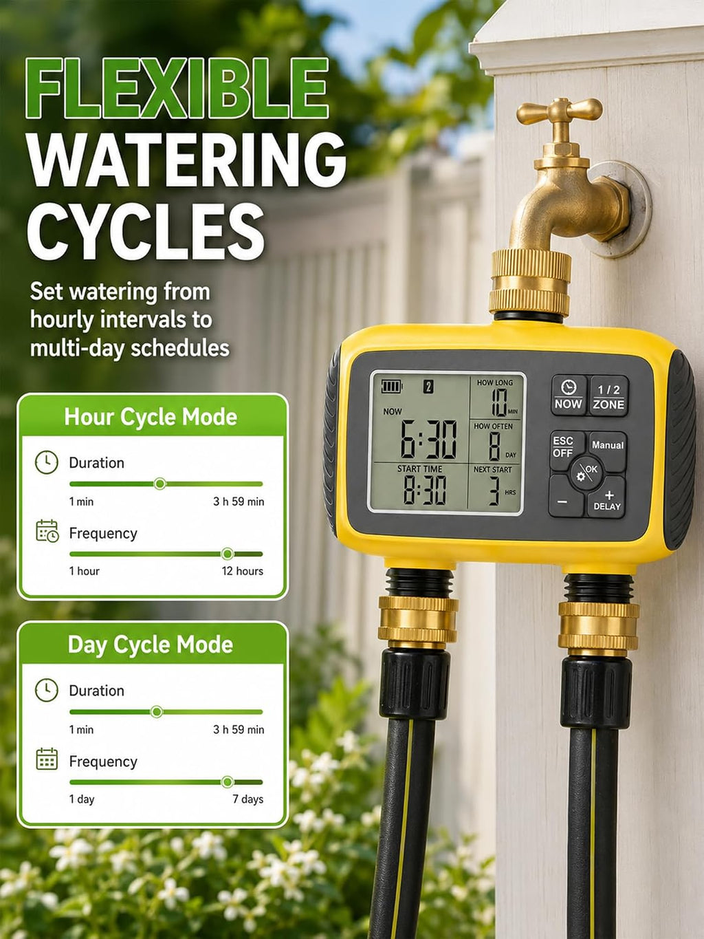 Hose Timer 2 Outlet, 2 Zone Programmable Sprinkler Timer with Rain Delay & Manual Mode, Heavy Duty Digital Timer for