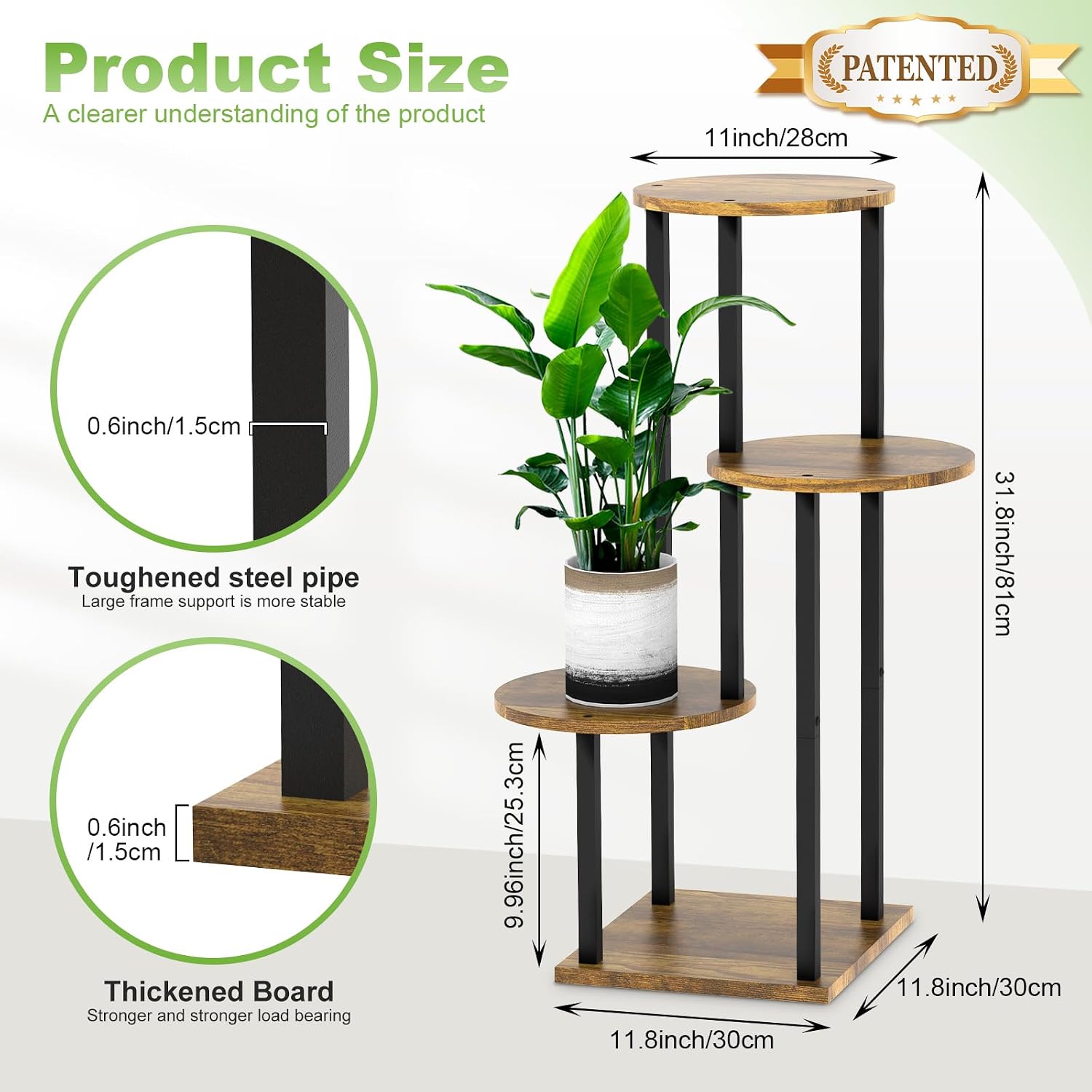 4 Tier Wood Tall Plant Stand Metal Rack Indoor, Multiple Flower Pot Holder Shelves Corner Rack, Round Planter Shelf