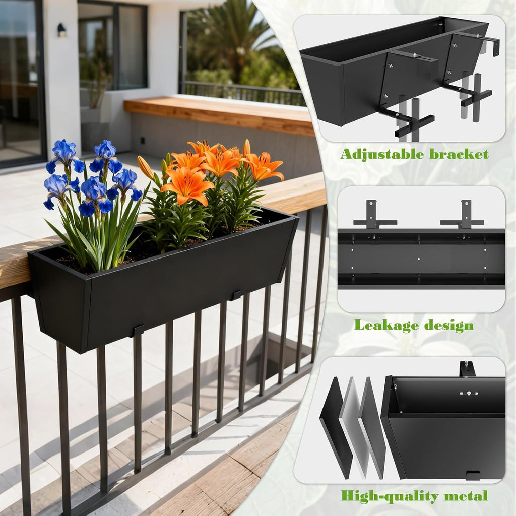 36 Inch Railing Planter Boxes, Heavy Duty Metal Hanging Planters with Adjustable Brackets, Outdoor Balcony Flower Box