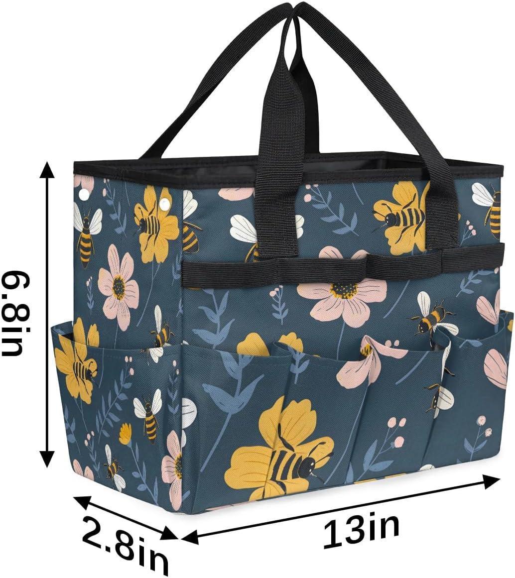Garden Tote Bag with Pockets Bee Flower Gardening Bags for Tools Organizer Heavy Duty Storage Bag with Handle for Lawn