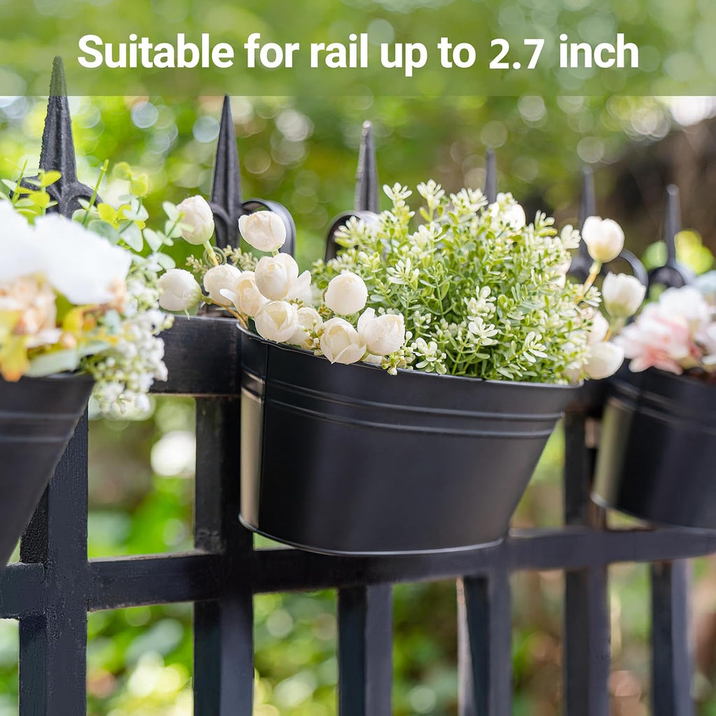 Dahey 10.5 Inch Metal Hanging Flower Pots 4 Pcs Outdoor Railing Planter Box | Drainage Holes, 2.7”Width Iron Detachable