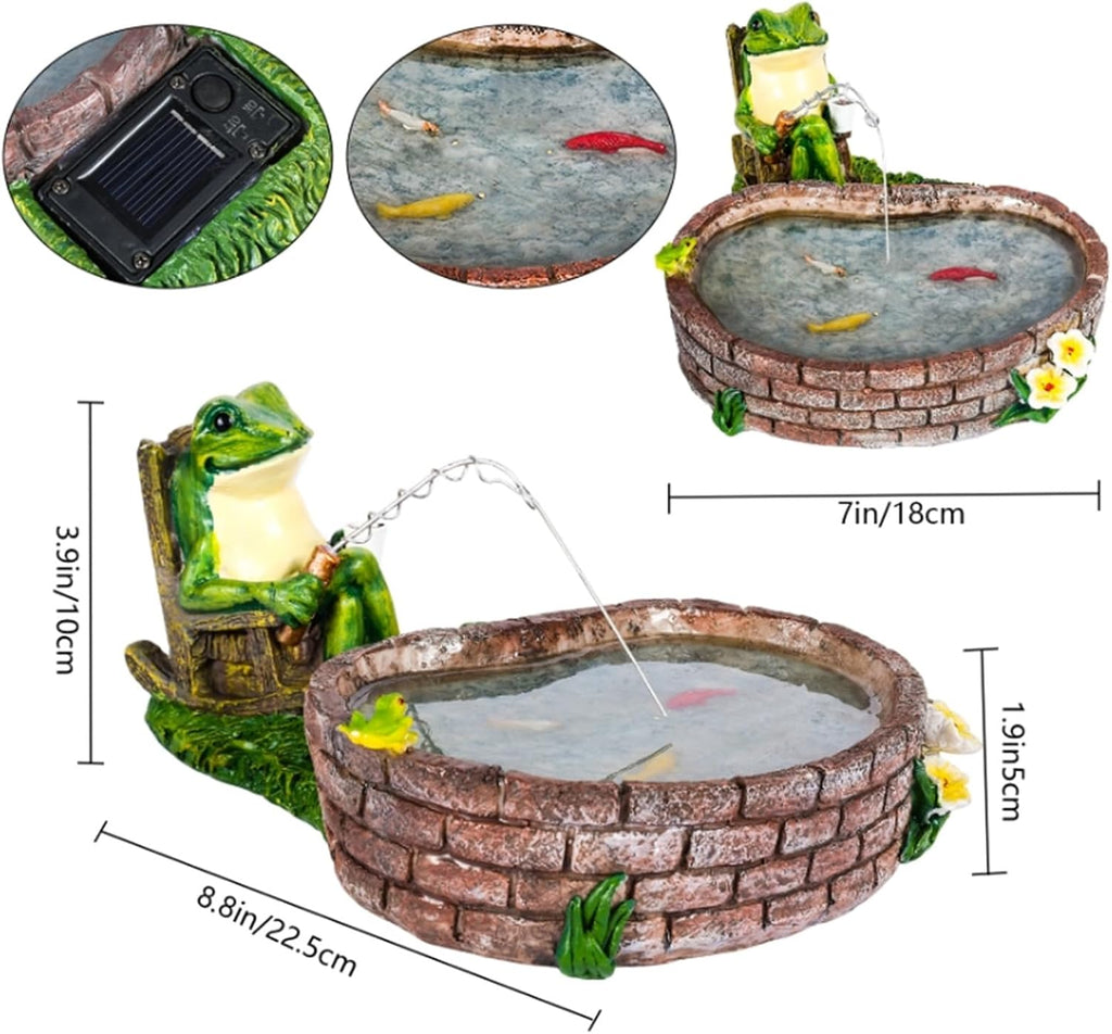 Solar Frog Fishing Statue Frog Garden Decor Lawn Ornament | Made Of Weather-Resistant Resin，Solar-Powered Led-Lit Fish