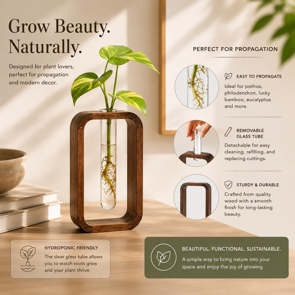 Modern Wooden Frame Glass Vase Hydroponic Planter – Minimalist Square Propagation Station with Test Tube Vase – Indoor