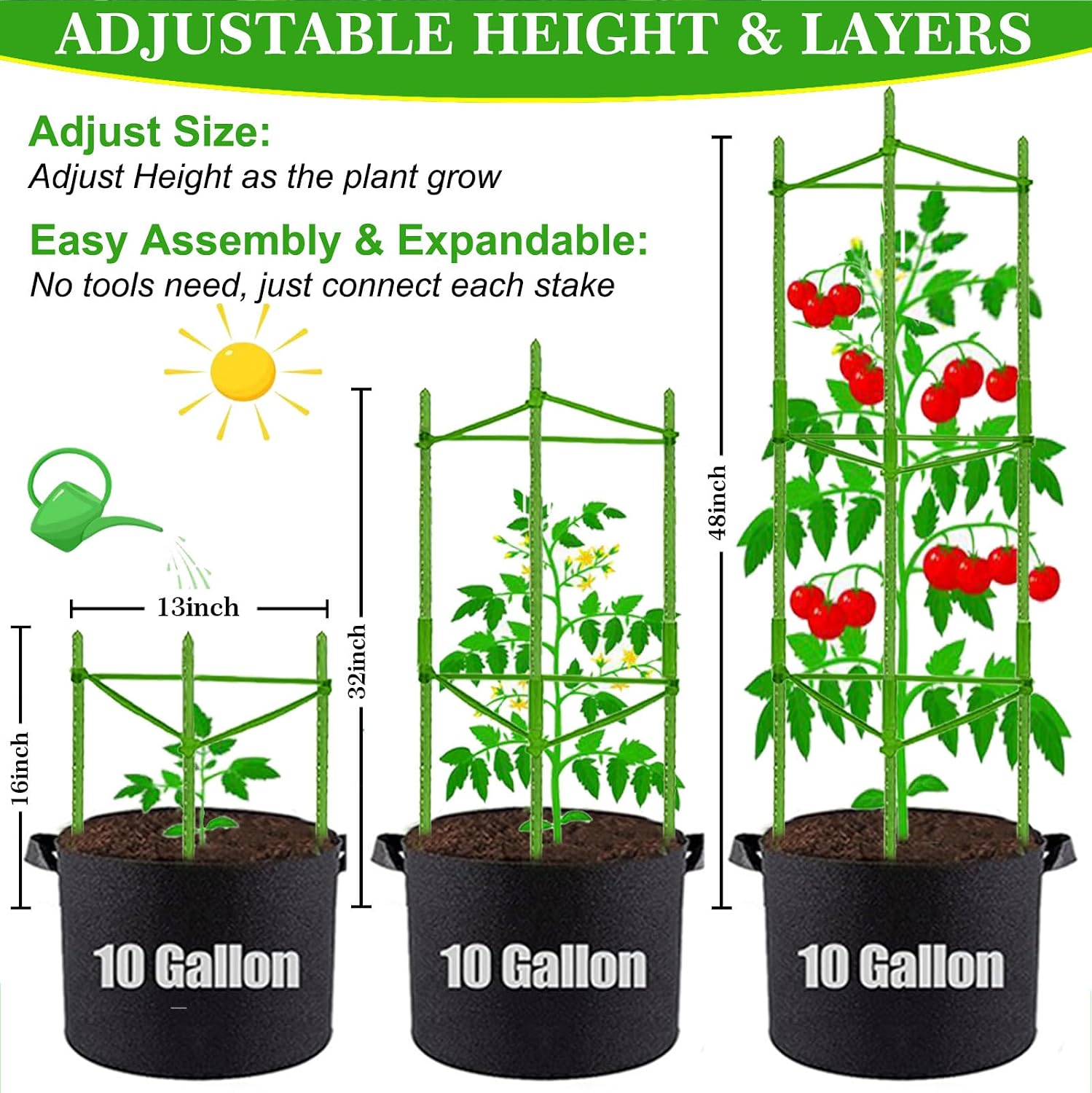 Moirsunt Tomato Cages with 10 Gallon Grow Bags, 48 Inches Tomato Planter | 3-Pack Tomato Stakes Trellis for Raised