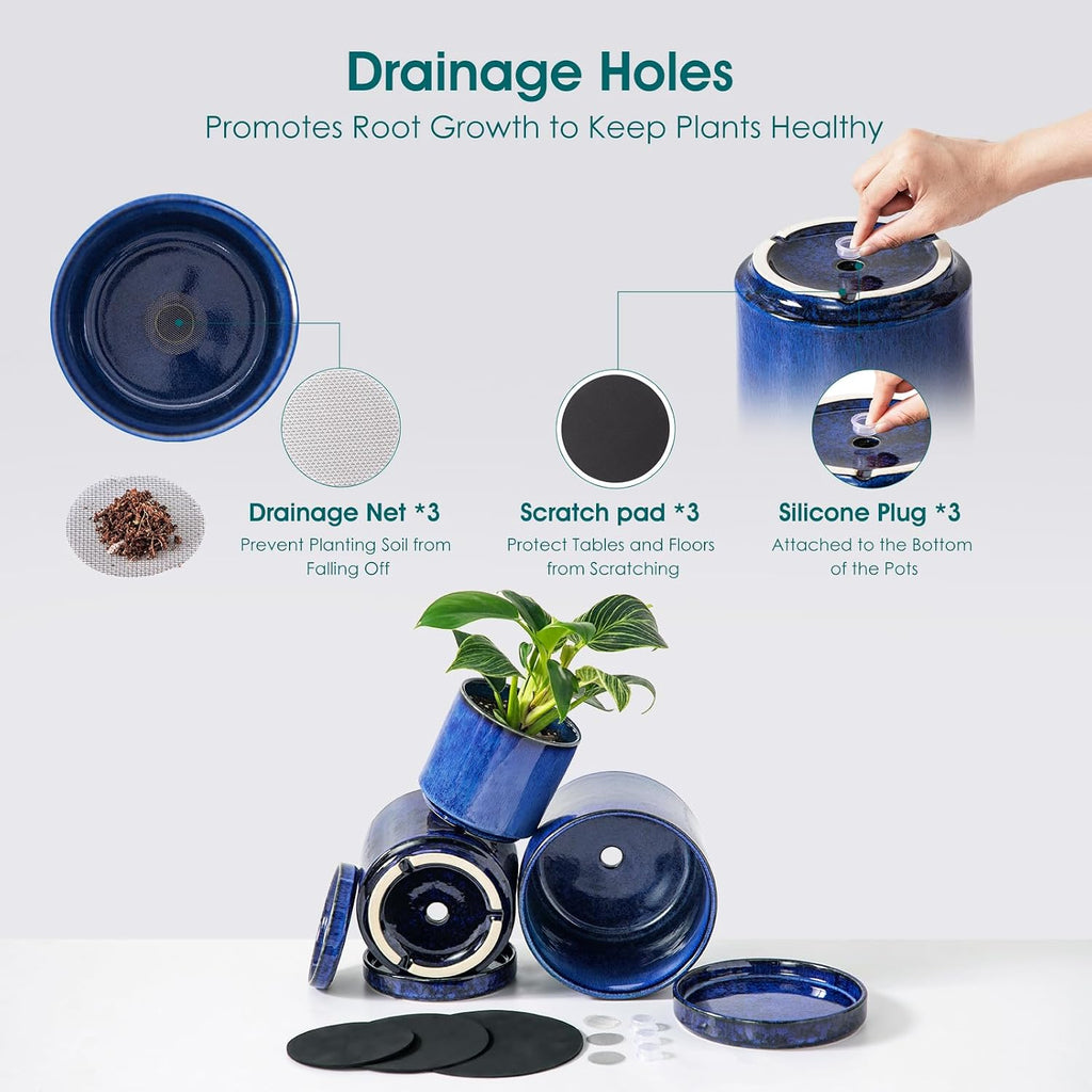 vancasso Ceramic Plant Pots, 3 Piece Planters for Indoor Plants, Blue | 4.25+5.25+6.25 Inch Flower Pots with Drainage