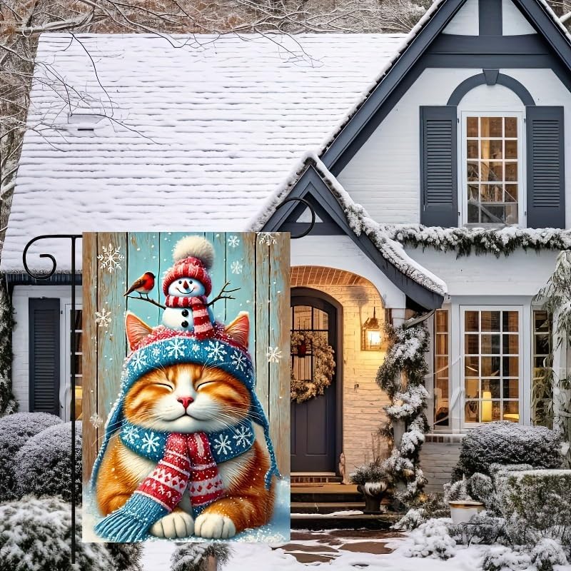 BlissYard Garden Flag Snowman Cat Red Hat Winter 12x18 Inch Polyester