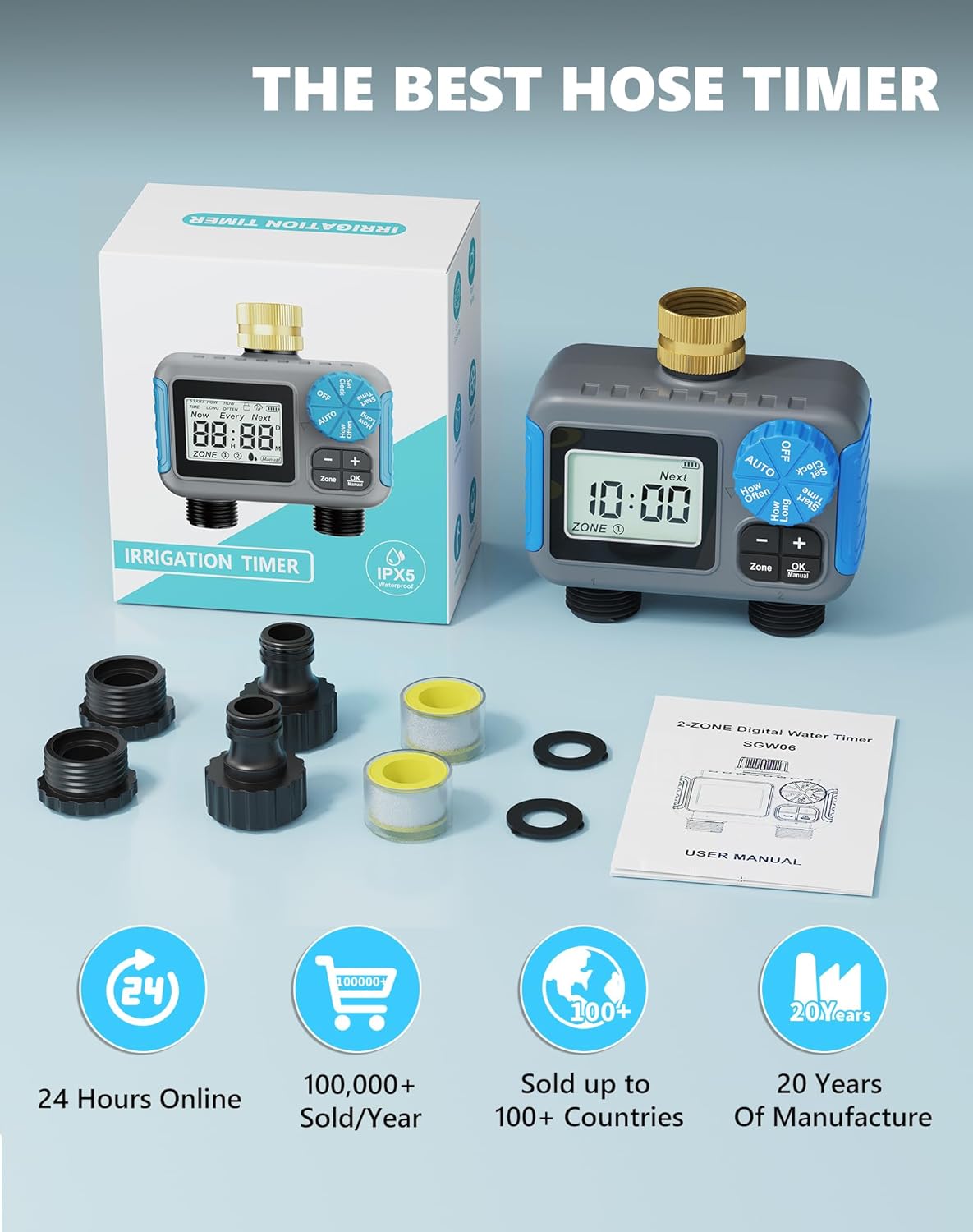 Sprinkler Timer with Brass Swivel, Hose Timers for Watering | Digital Irrigation Timer with Rain Delay & Manual Mode