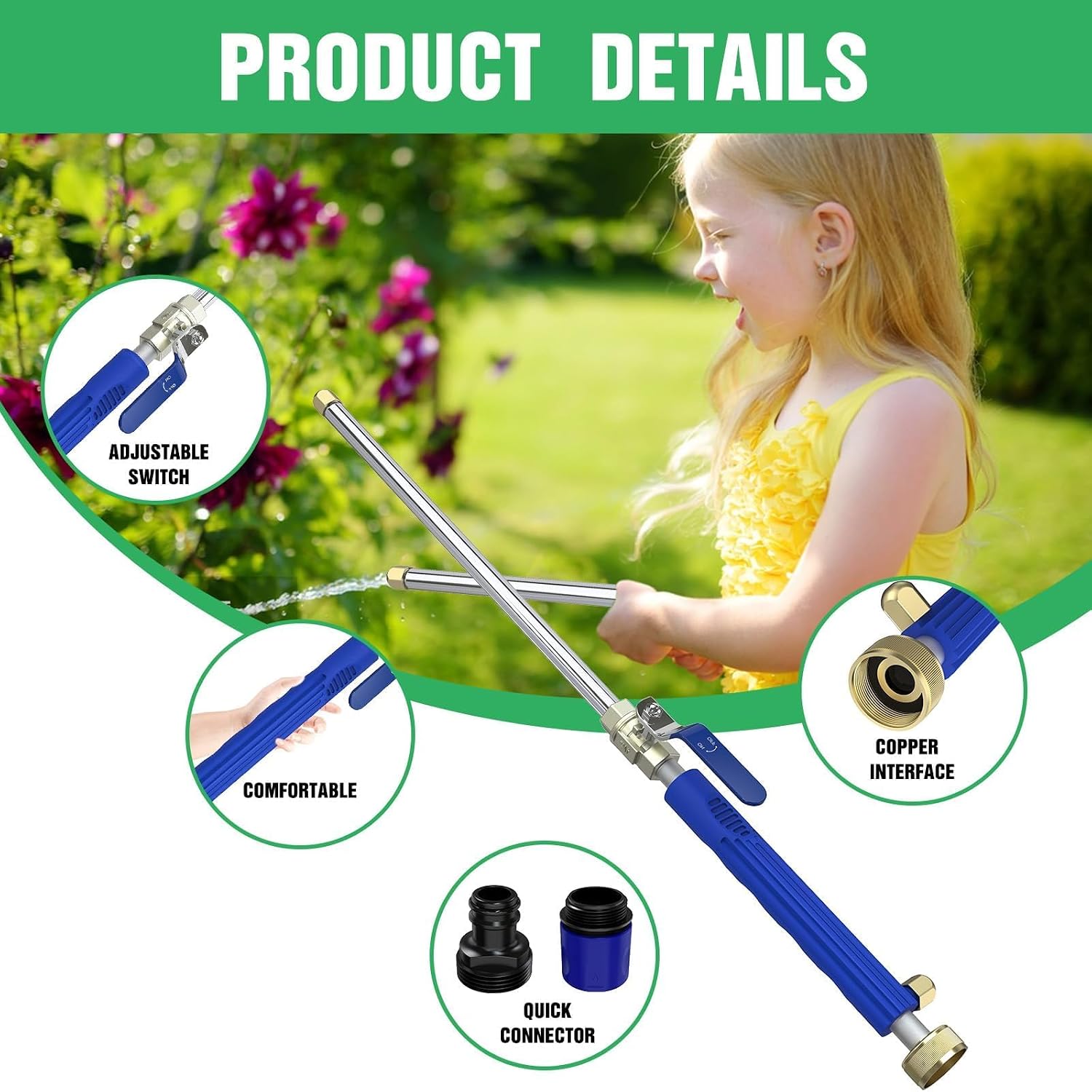 AgiiMan 18 Inch High Pressure Jet Nozzle for Garden Hose | Copper Connectors, Metal Wand, Linear and Fan Nozzles, 1/2