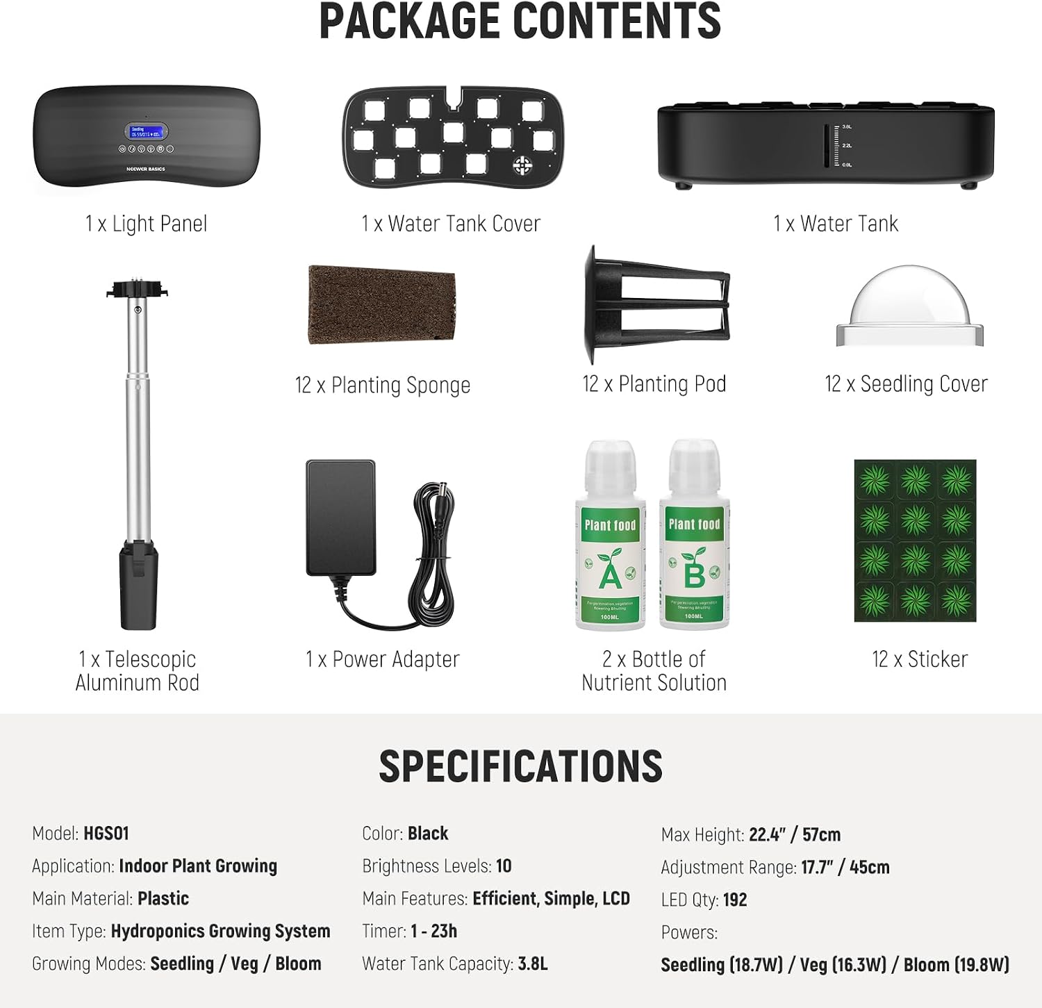 NEEWER Basics Hydroponics Growing System Kit with LED Plant Light/3 Growing Modes/12 Pods/Timer/LCD/Smart Quiet Pump