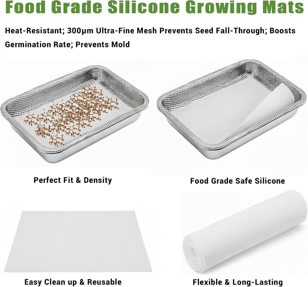 Microgreens Growing Kit 4-Tier 12.4 Inch Sprouting Trays | Stainless Steel Seed Sprouter with 0.3mm Encrypted Silicone