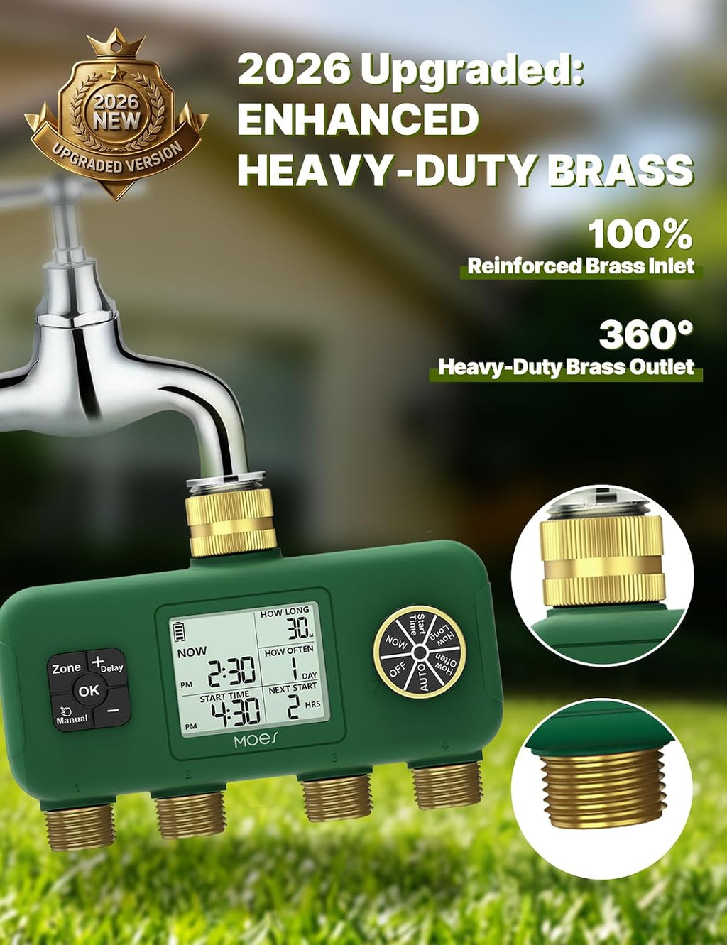 MOES 4 Zone Water Timer, Brass Fittings, Sequential Watering, No Wi-Fi | 4 Independently Programmable Outlets With 3/4