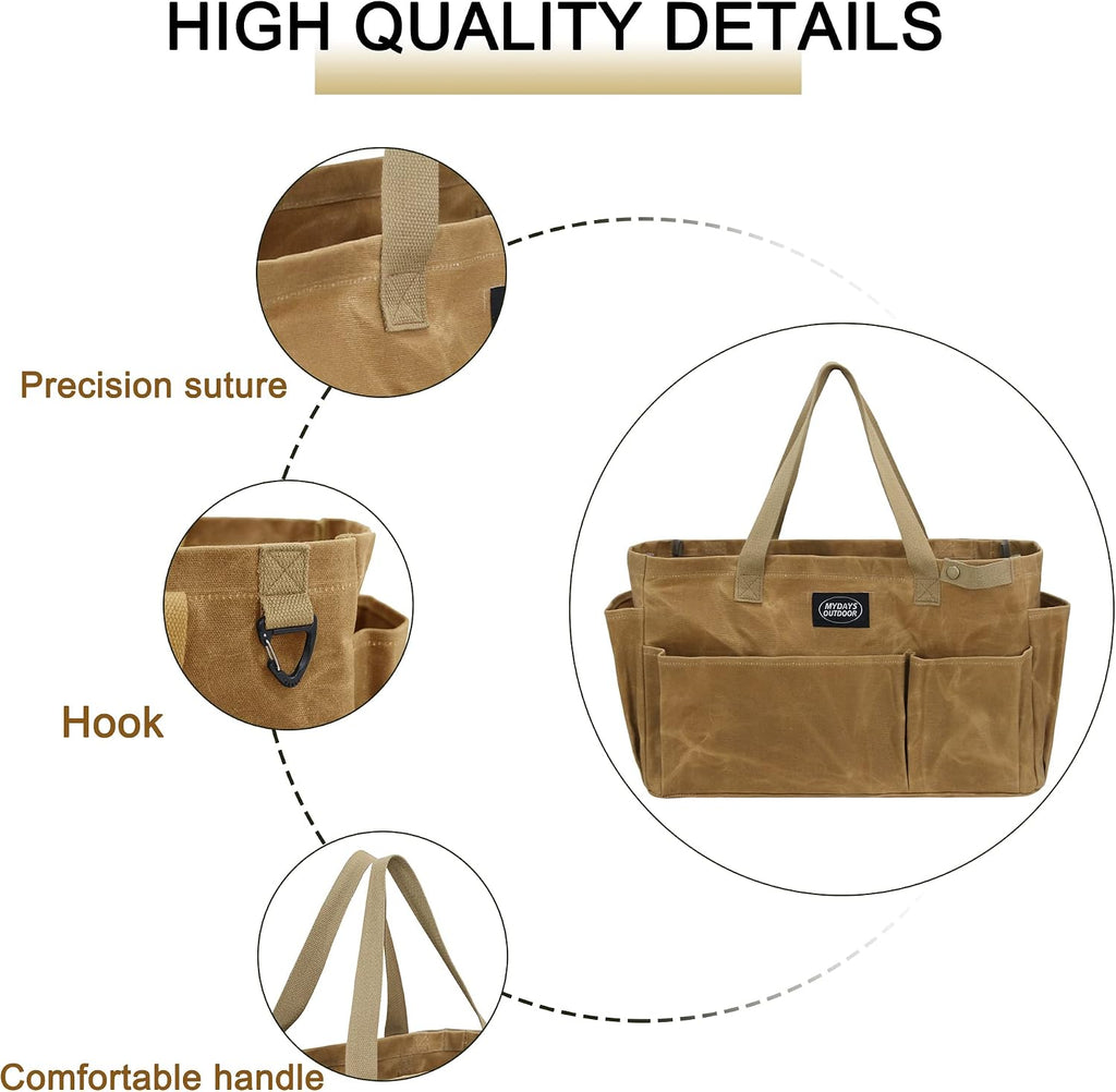 Portable Garden Camping Tool Storage Bag,Waxed Canvas Firewood Carrier Tote bag,Collapsible Sturdy Garden Basket Great