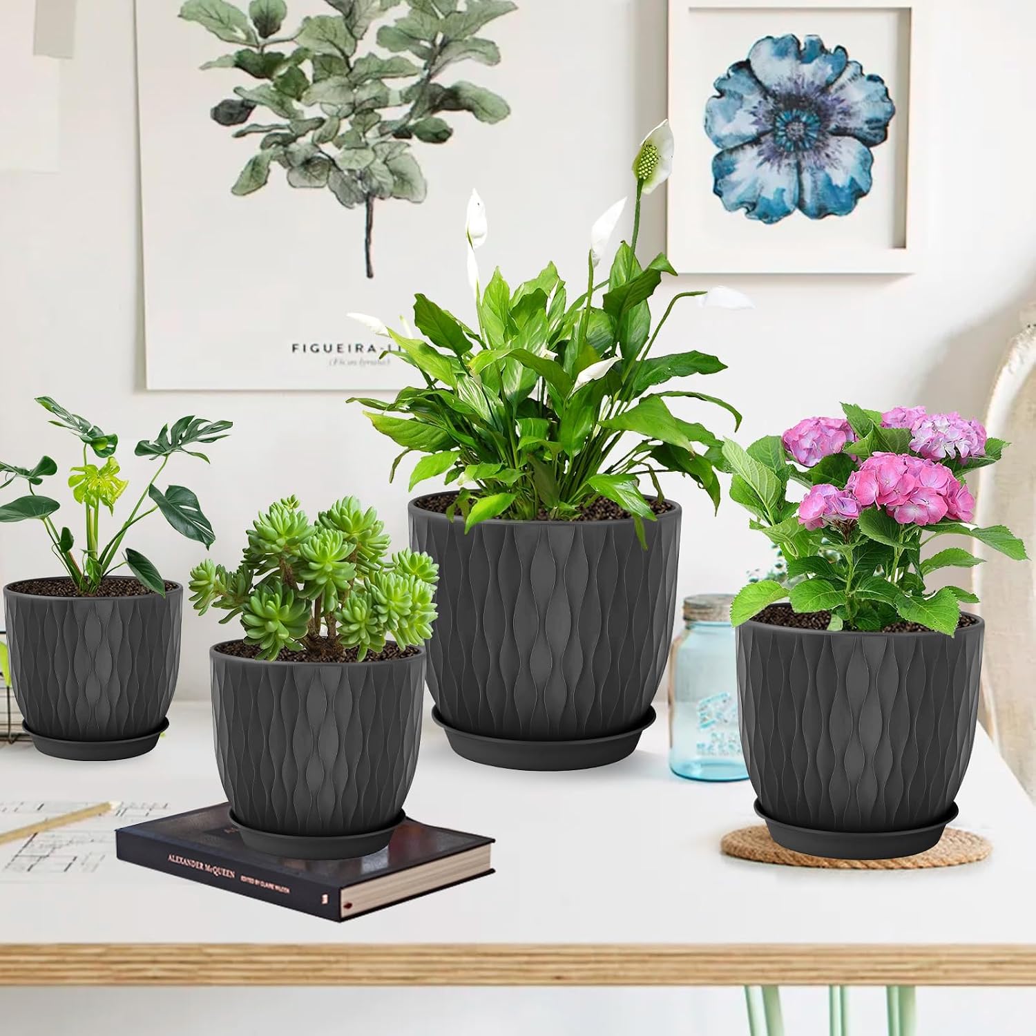 Plastic Plant Pots 10/9/8/7.5/7 inch Set of 5, Flower Planters with Drainage Holes and Saucers, Plastic Pots for Indoor