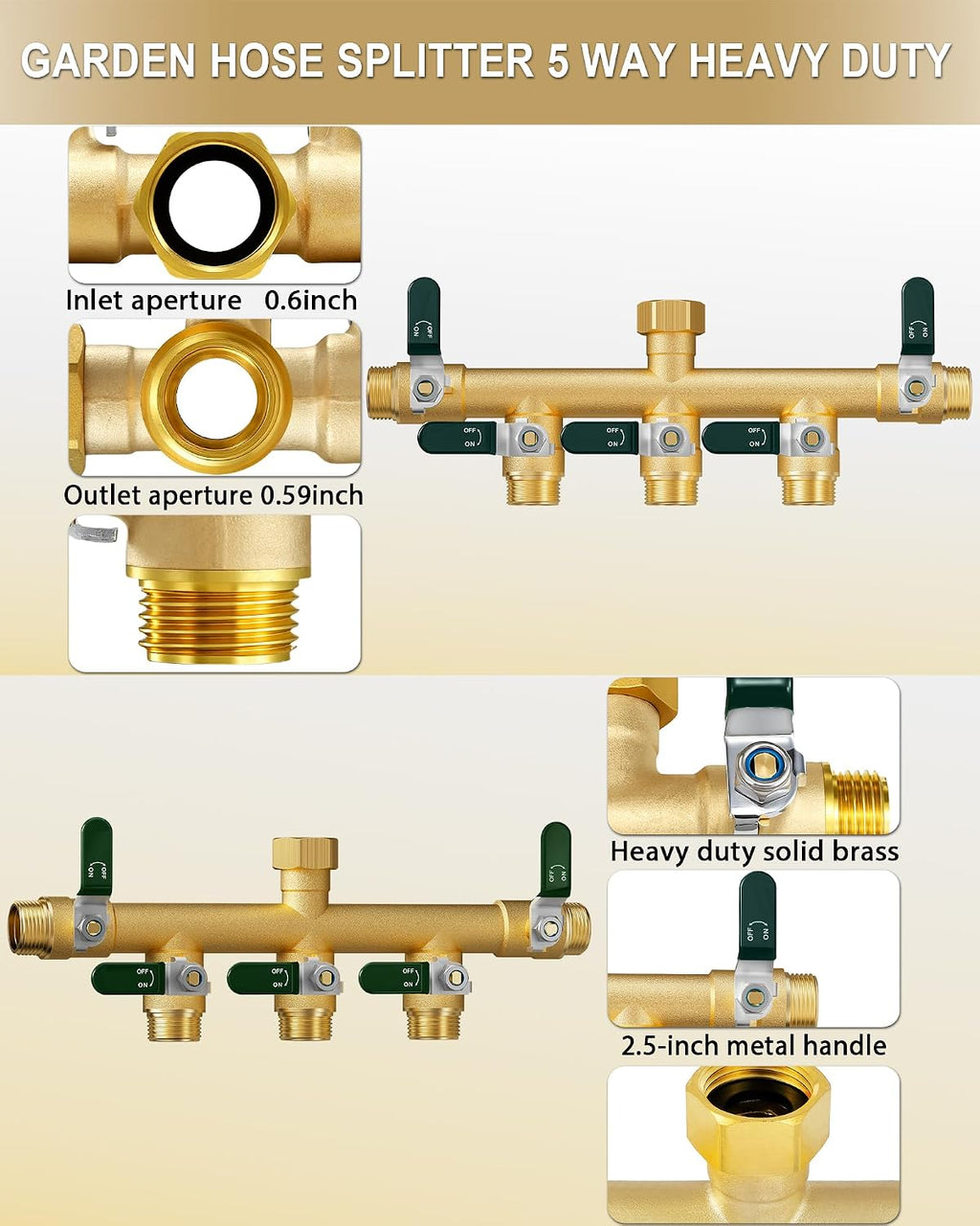 EBH Garden Hose Splitter 5 Way, Heavy Duty Solid Brass Hose Splitter with Shutoff Valves, Water Spigot Splitter With