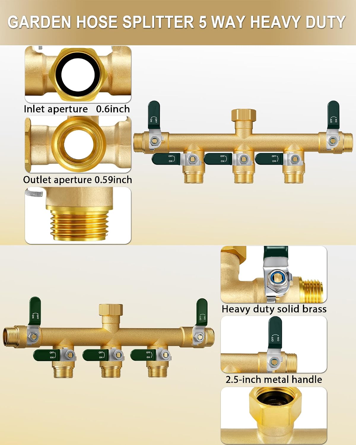 EBH Garden Hose Splitter 5 Way, Heavy Duty Solid Brass Hose Splitter with Shutoff Valves, Water Spigot Splitter With