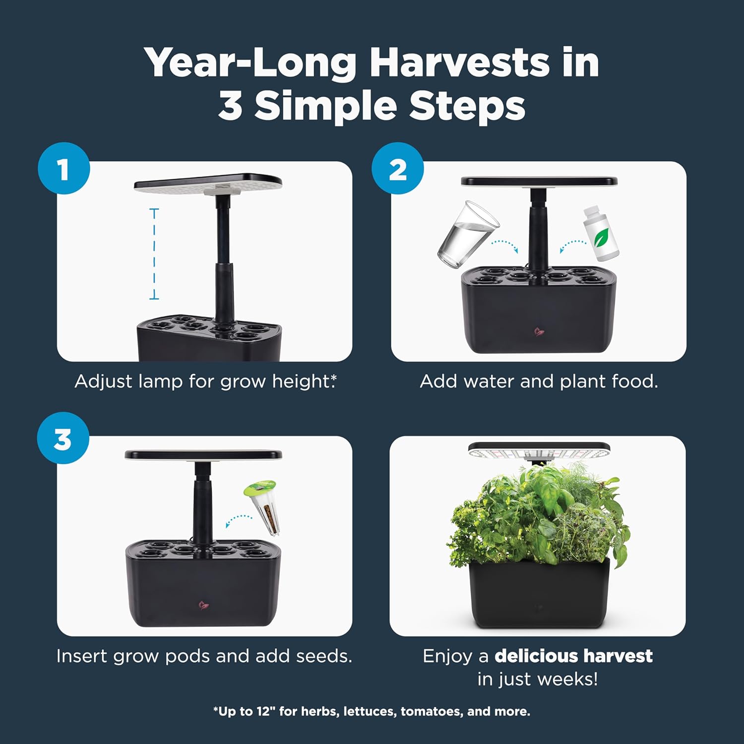 AeroGarden Harvest Lite, Black | Soil-free Indoor Hydroponic Garden with LED Grow Light for Year-Round Gardening of up