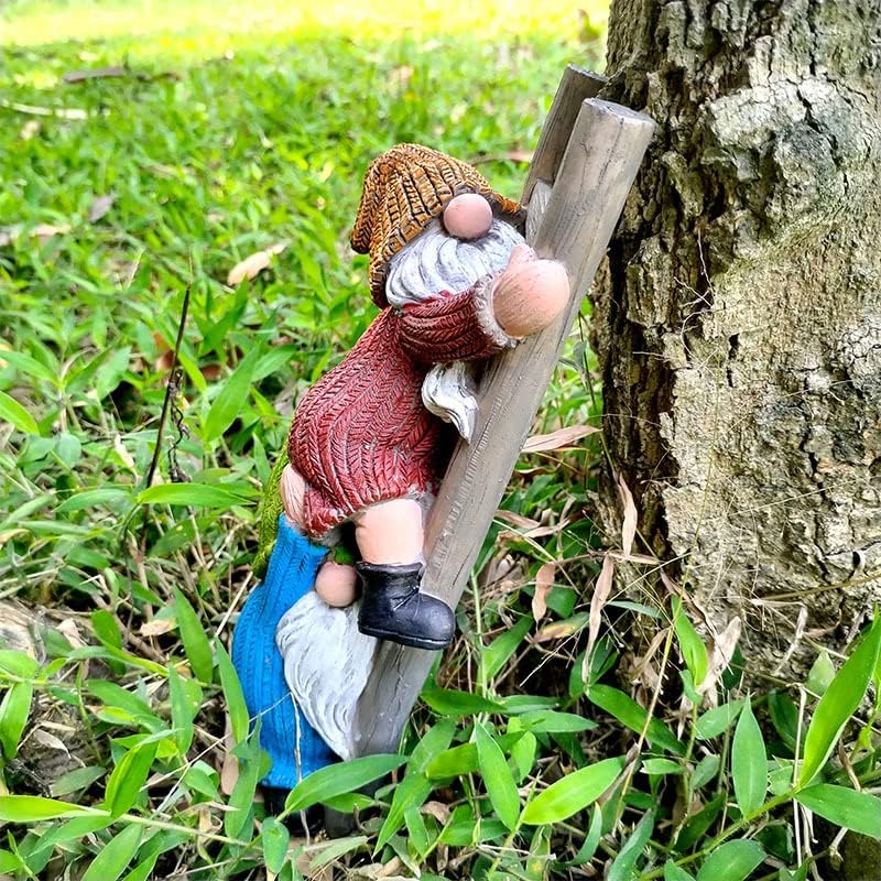 Garden Gnome Statue, Funny Climbing Ladder Gnomes Figurine Resin Sculpture Outdoor Decor for Patio Yard Lawn Porch