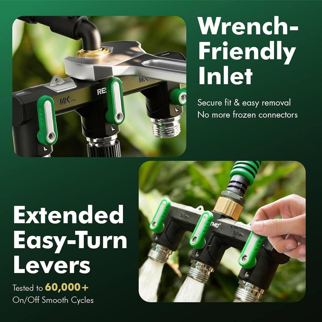 Restmo 3 Way Garden Hose Splitter Heavy Duty 100% Metal Body | Full Flow Design with Oversized Ball Valve, Outdoor