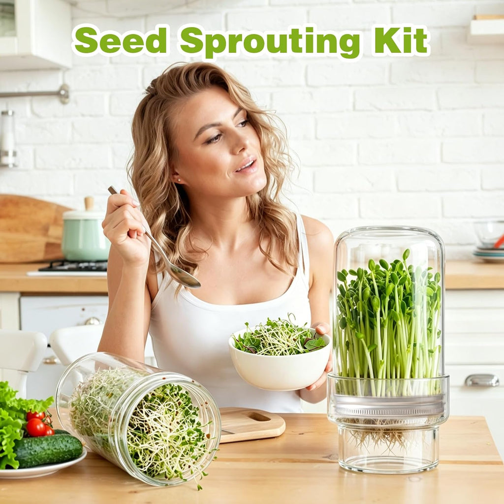 Sprouting Kit, 2 Wide Mouth Sprouting Jar with Stainless Steel Screen Sprout Lids, Blackout Sleeves, Drain Cover