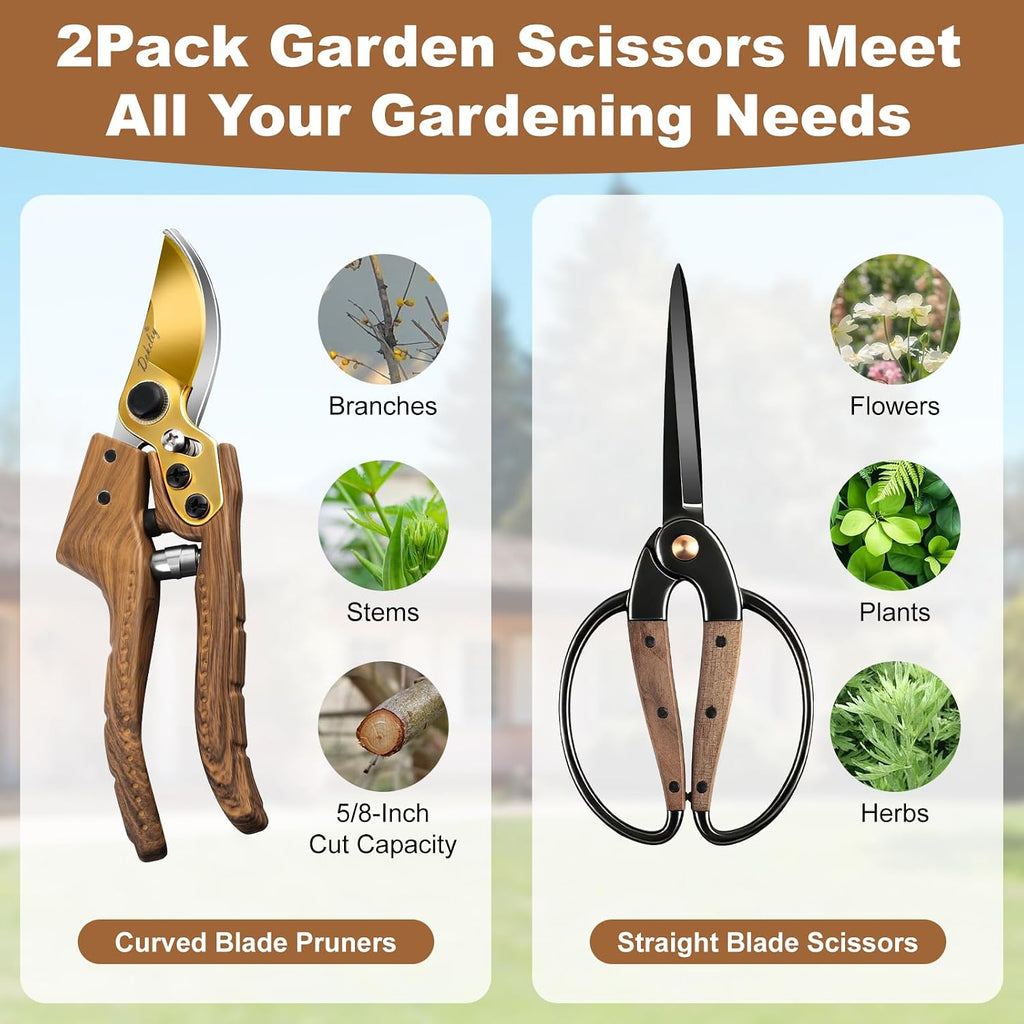 2Pack Garden Pruning Shears Set: Ultra Sharp SK5 Blade Gardening Shears & Precision Garden Scissors,Wood Like&Wide