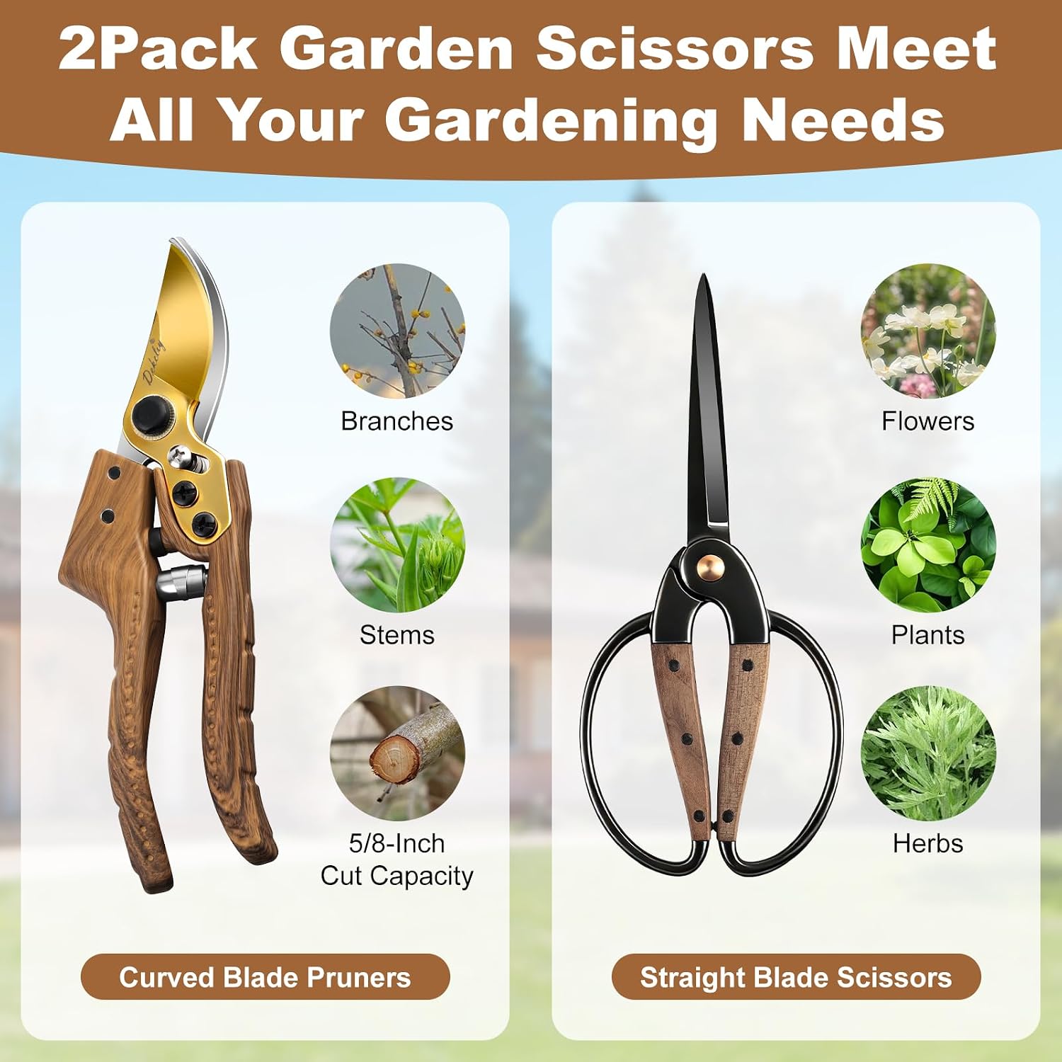 2Pack Garden Pruning Shears Set: Ultra Sharp SK5 Blade Gardening Shears & Precision Garden Scissors,Wood Like&Wide