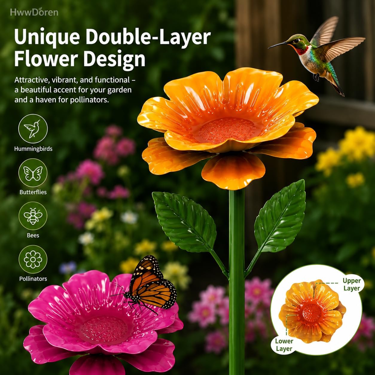 4 Pack Bee Watering Stations for Garden, Metal Flower Butterfly Feeders, Colorful Bee Bath Bowls with Adjustable Stakes