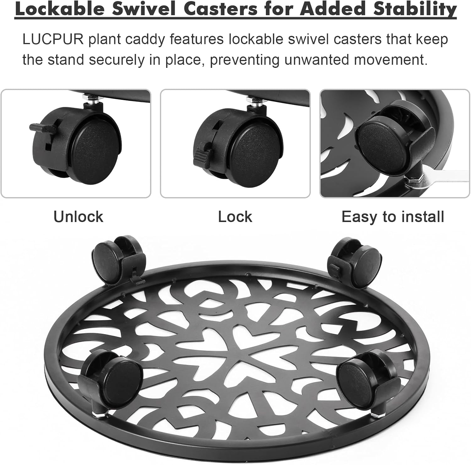 3 Pack Plant Caddy with Wheels, 12 inch Plant Stand with 2 Locking Casters Heavy Duty Metal Plant Dolly Roller for