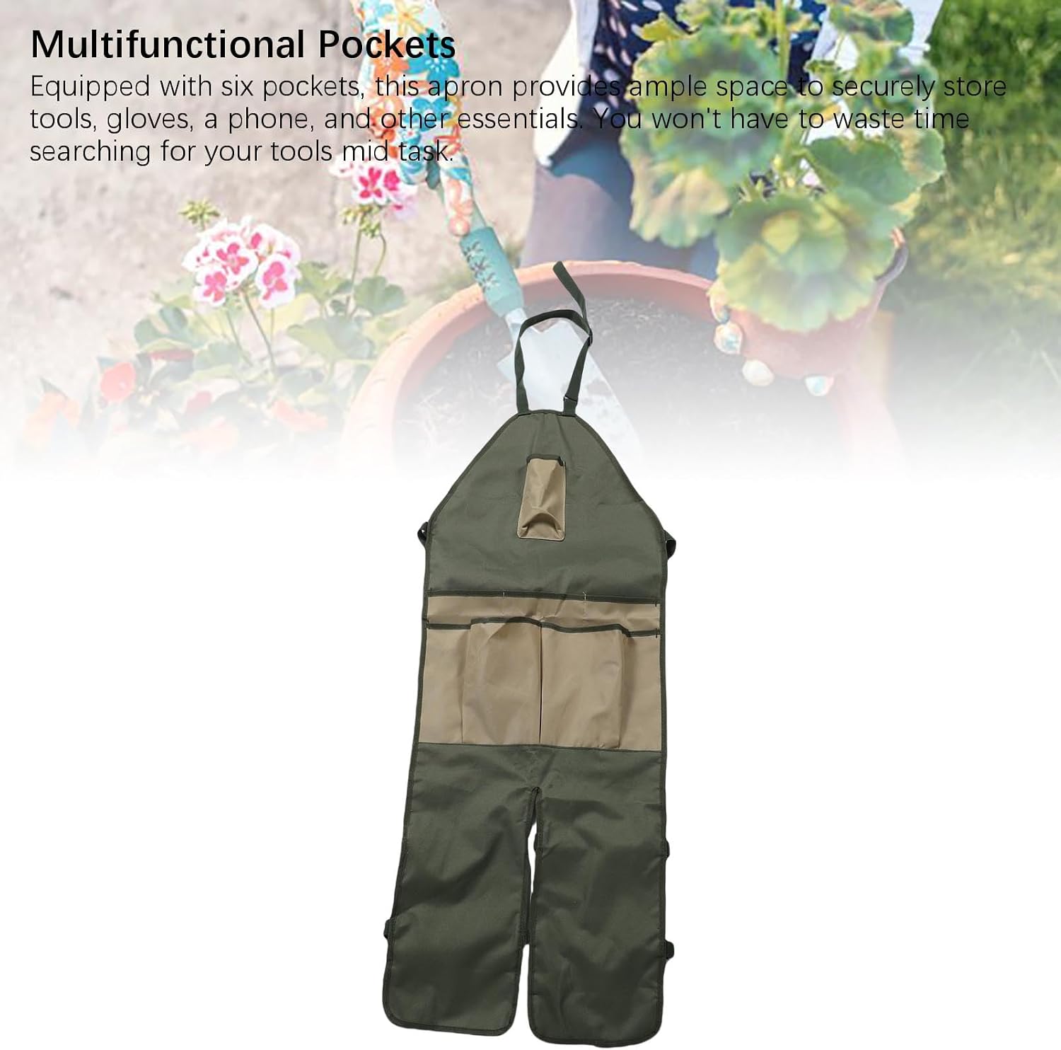 Apron for Long Gardening, Gardening Apron with Adjustable Leg Protector, Six Pockets 600D Oxford Cloth Water Proof for