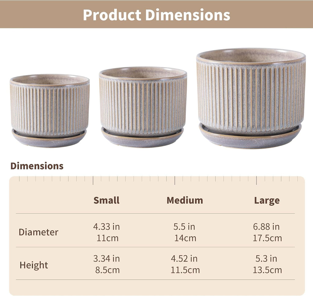 SURE YUESI Ceramic Plant Pots Set of 3, Indoor Outdoor Planters with Drainage Hole and Saucer, Ceramic Flower Pots for