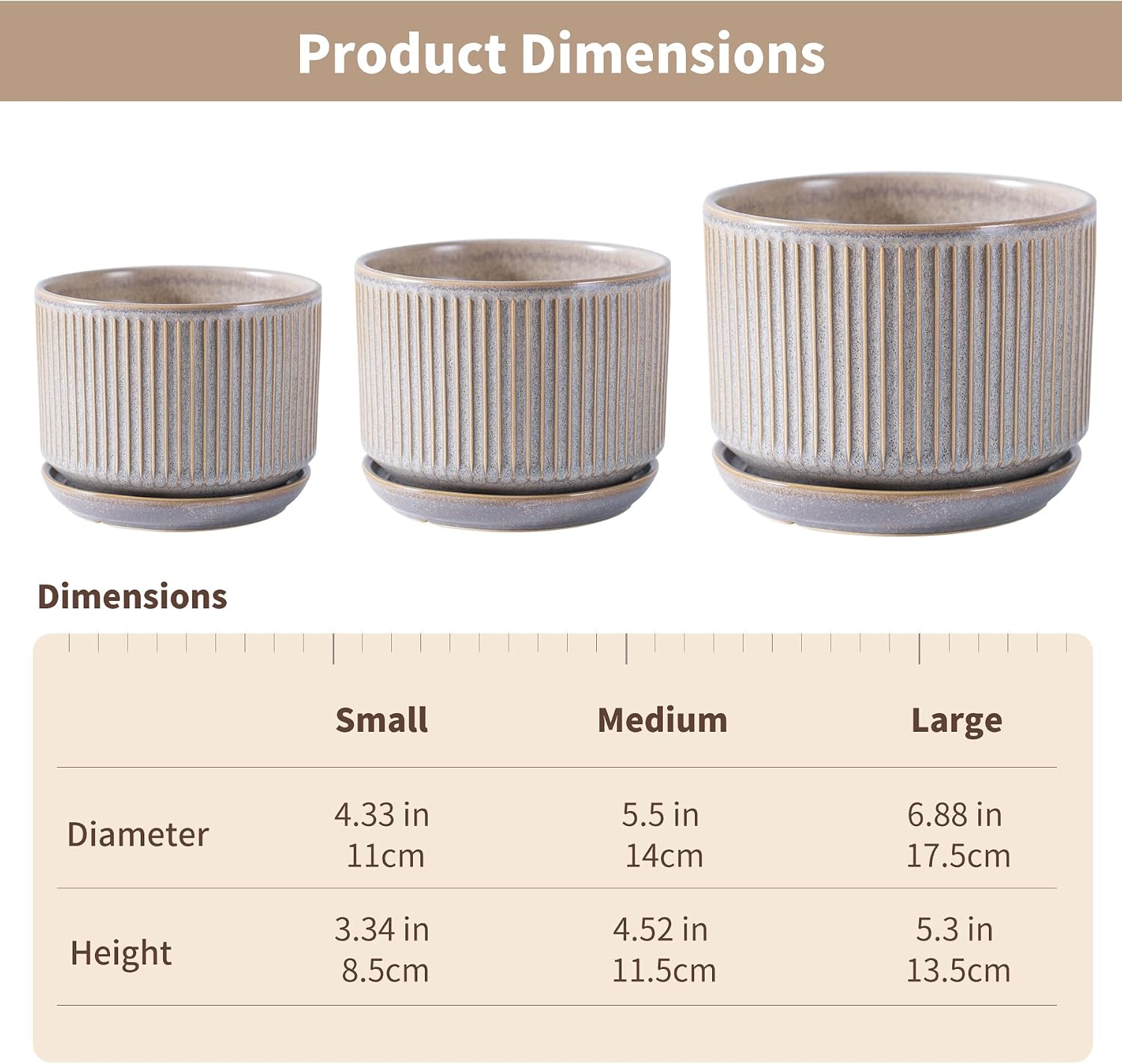 SURE YUESI Ceramic Plant Pots Set of 3, Indoor Outdoor Planters with Drainage Hole and Saucer, Ceramic Flower Pots for